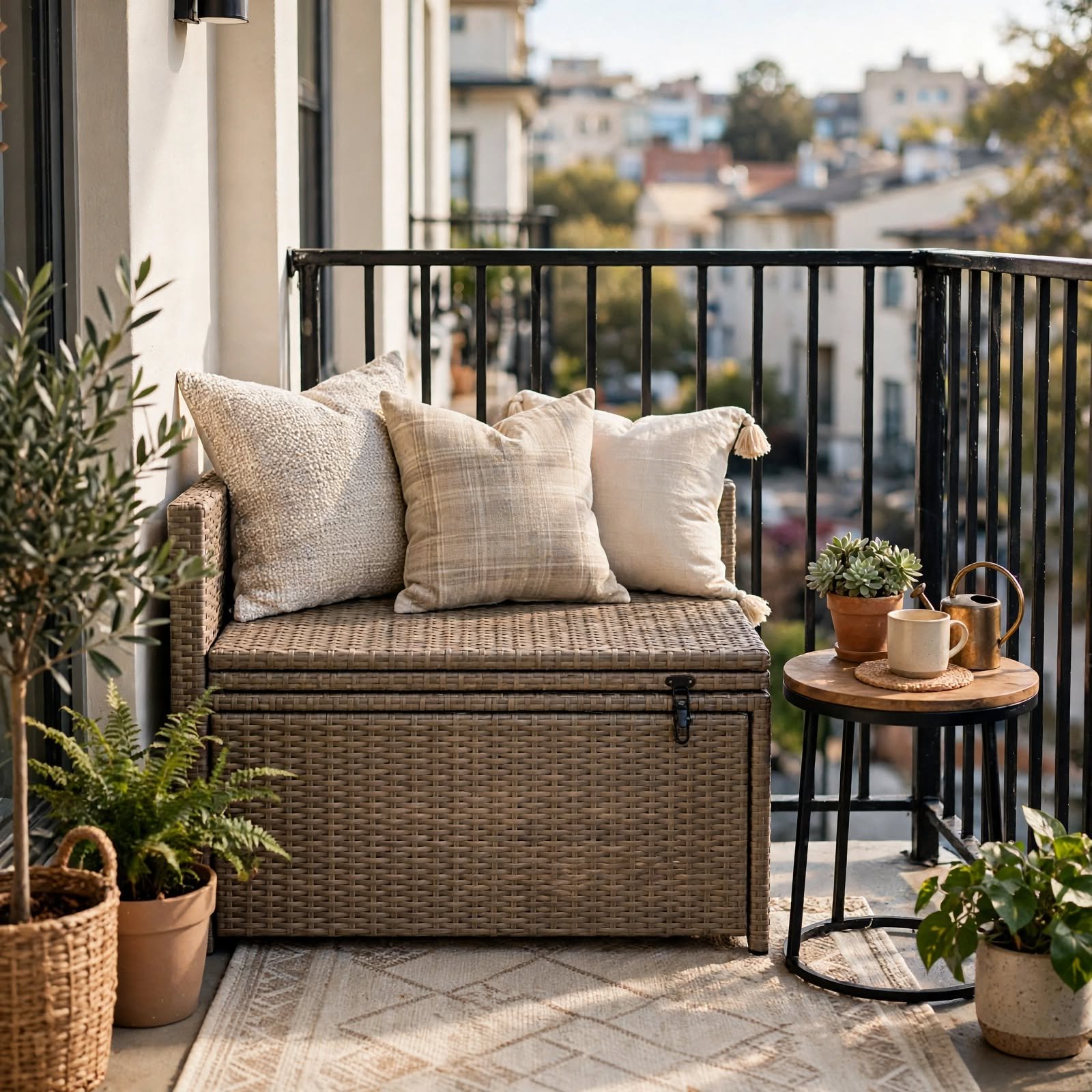 12. Weatherproof Storage Bench for Balcony Ideas Apartment