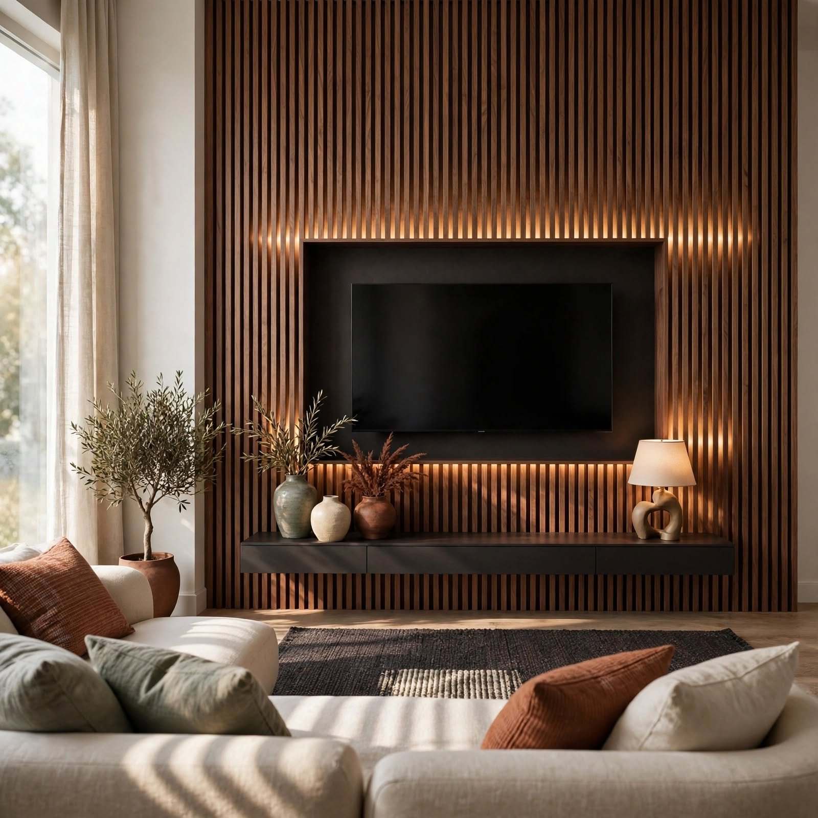 6. Wood Slat Accent Wall Behind TV for TV Wall Decor