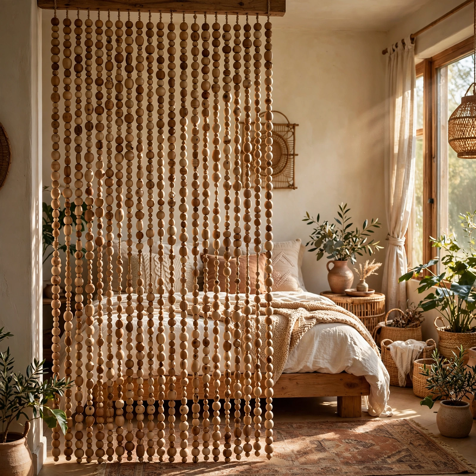 17. Wooden Bead Curtain for a Boho Bedroom