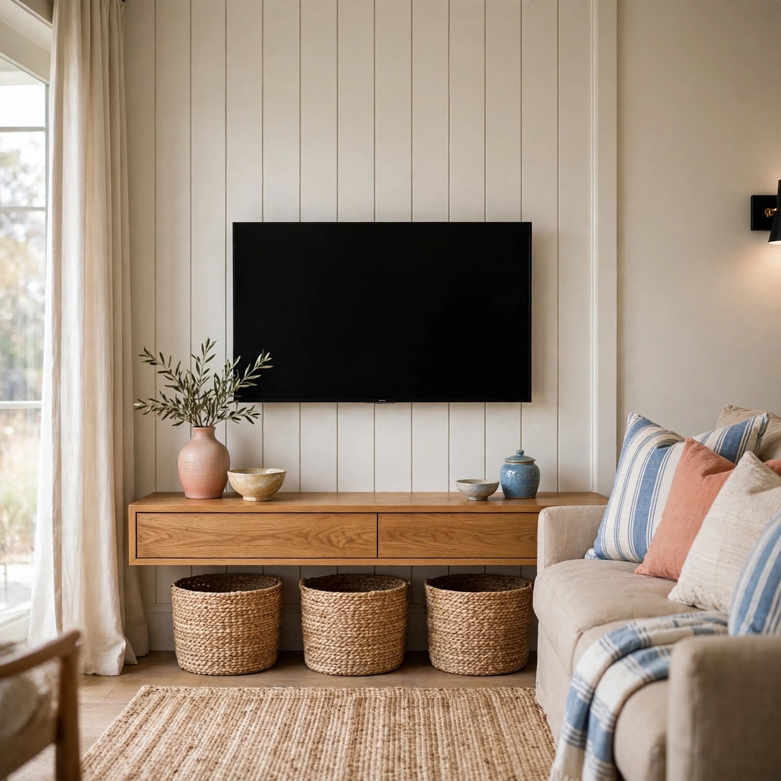 9. Woven Basket Storage Below TV for TV Wall Decor