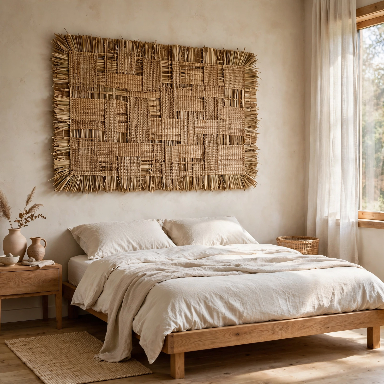10. Woven Grass Wall Panel for Japandi Bedroom