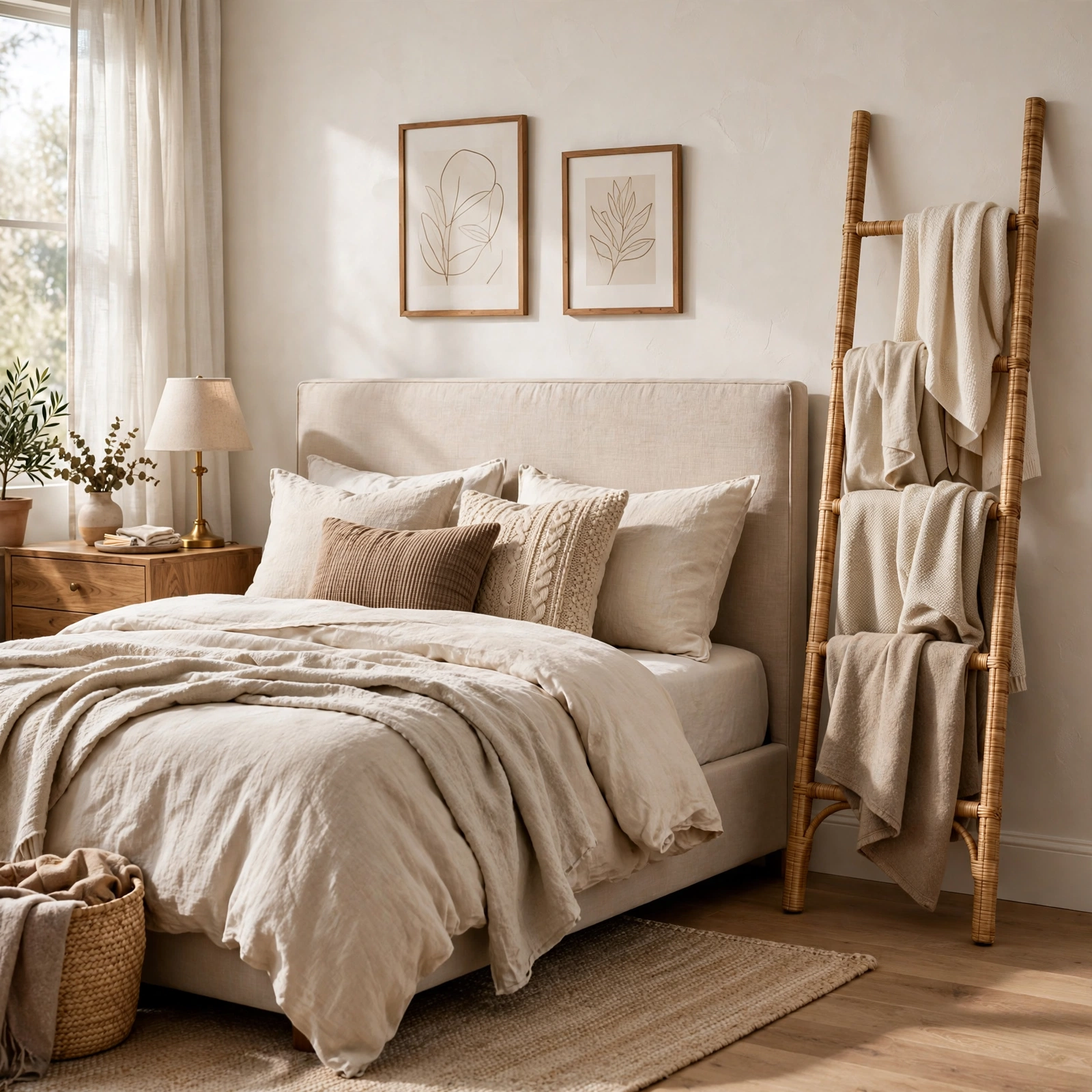 1. Woven Ladder Blanket Rack for Room Decor Ideas Bedroom