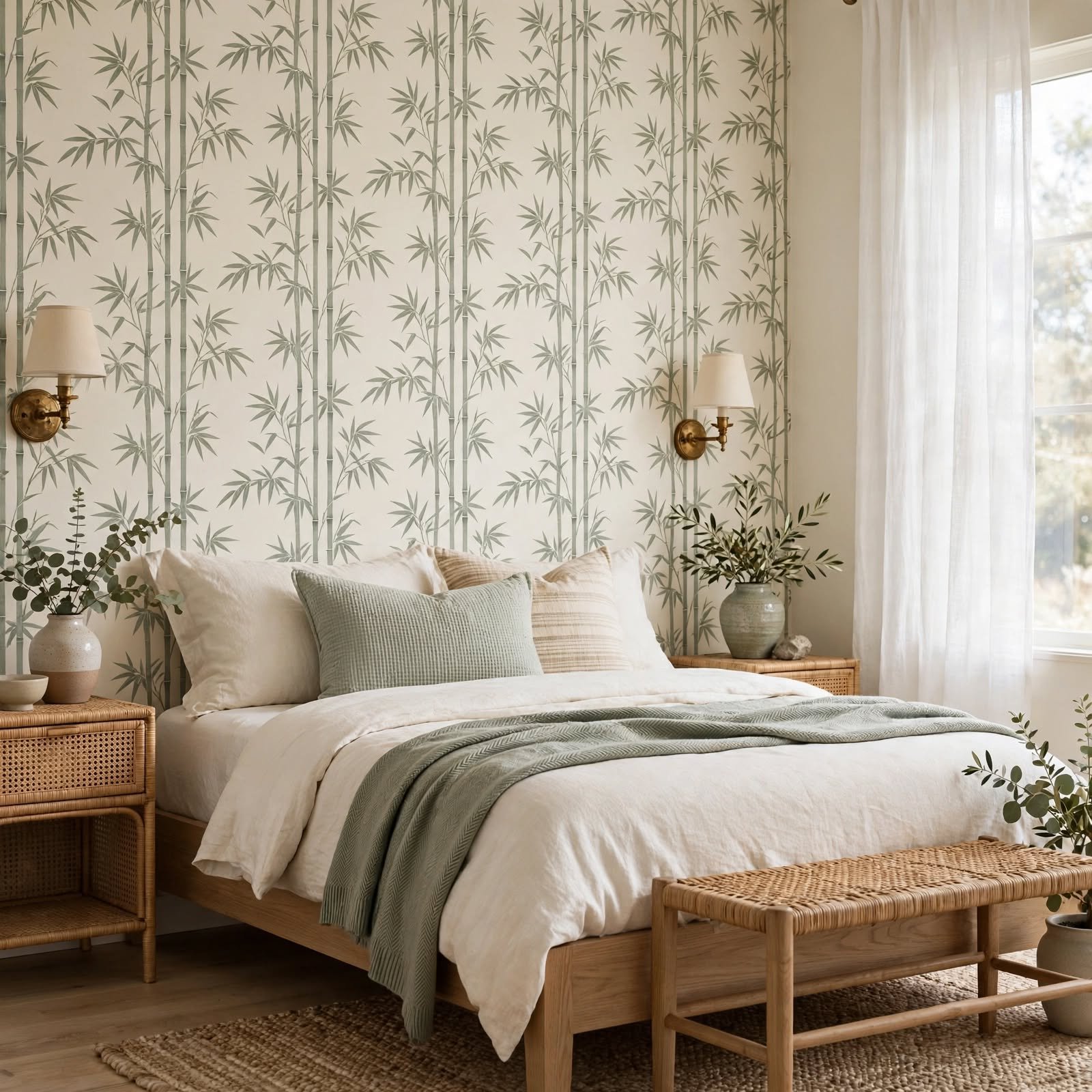 16. Bamboo Print Wallpaper Accent for Wallpaper Ideas for Bedroom