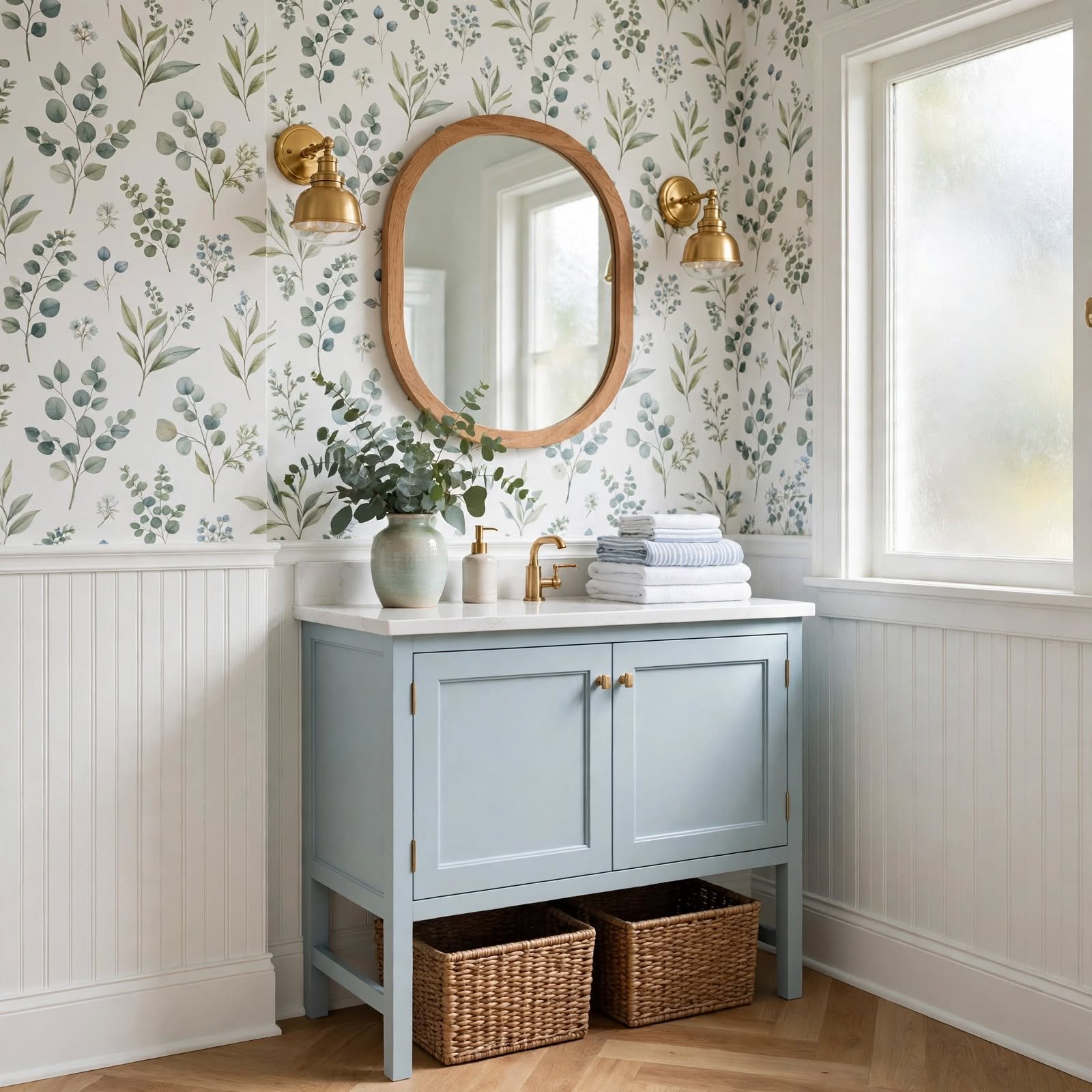 4. Beadboard and Wallpaper Pairing for Wallpaper Bathroom