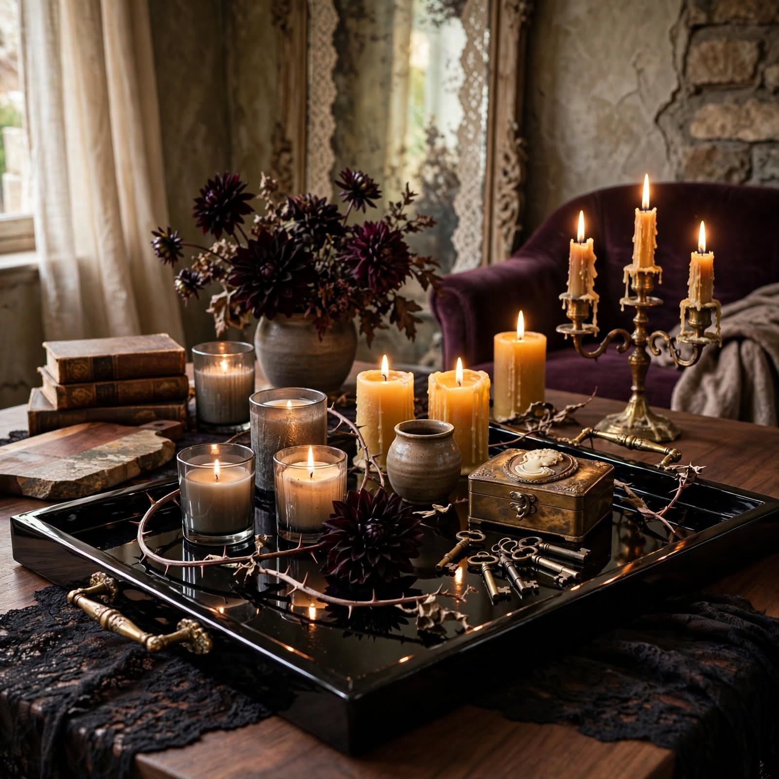 black and burgundy halloween decor
