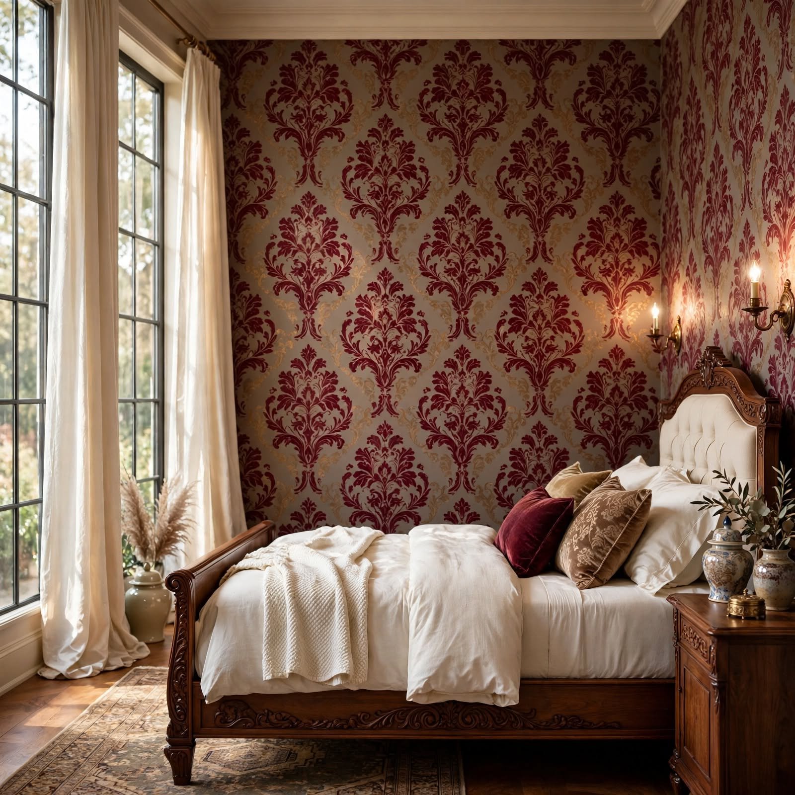 9. Damask Print Traditional Bedroom Wallpaper for Bedroom Wallpaper Ideas