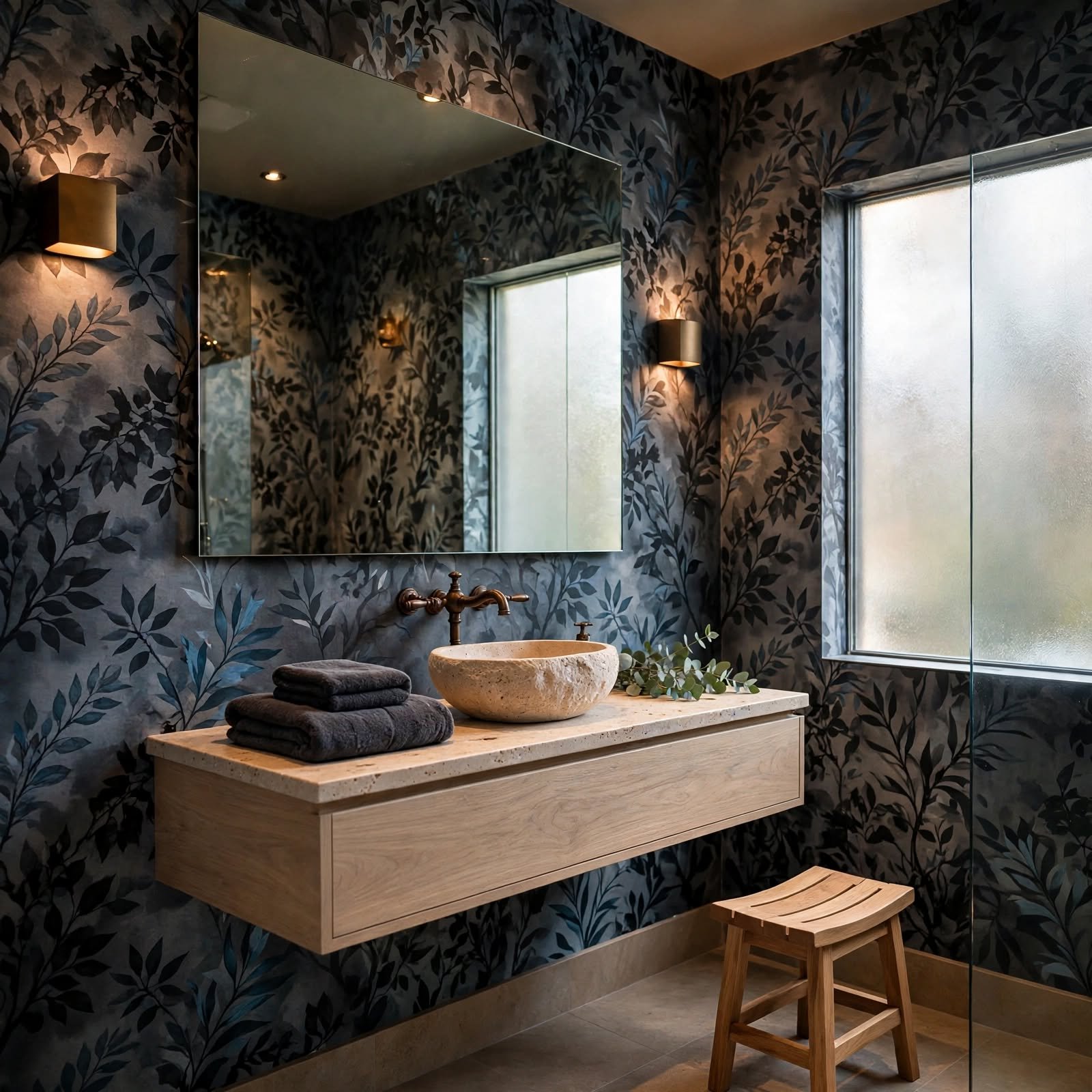 12. Dark Spa-Like Wallpaper Wash for Wallpaper Bathroom