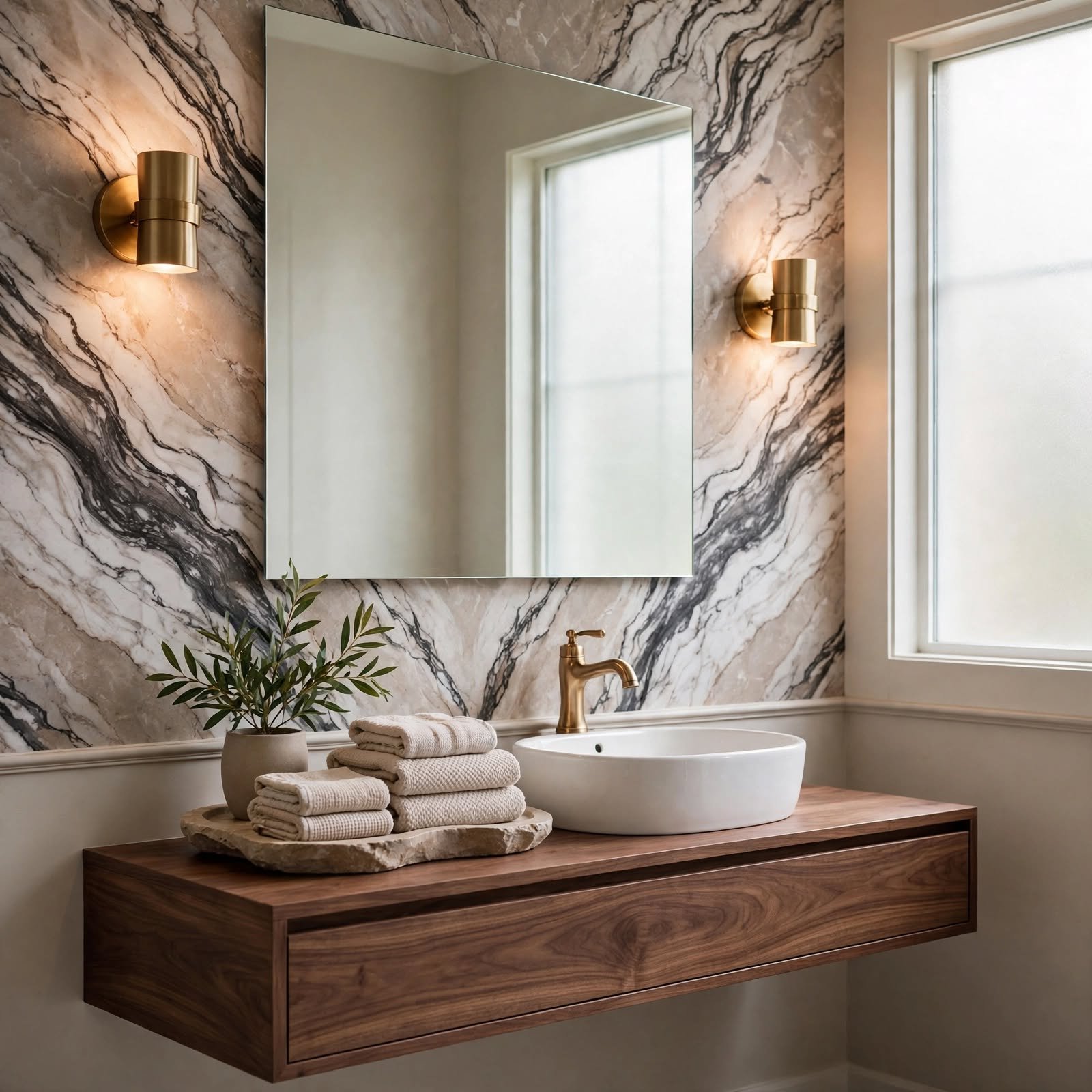 8. Marble-Look Wallpaper Backsplash for Wallpaper Bathroom