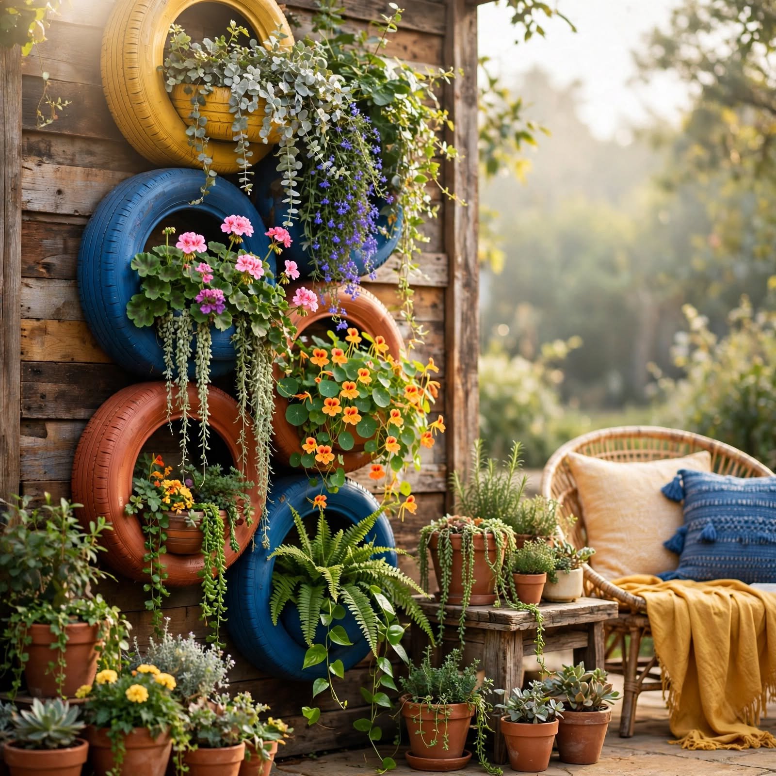 17. Recycled Tire Planter Wall for Outdoor Wall Decor