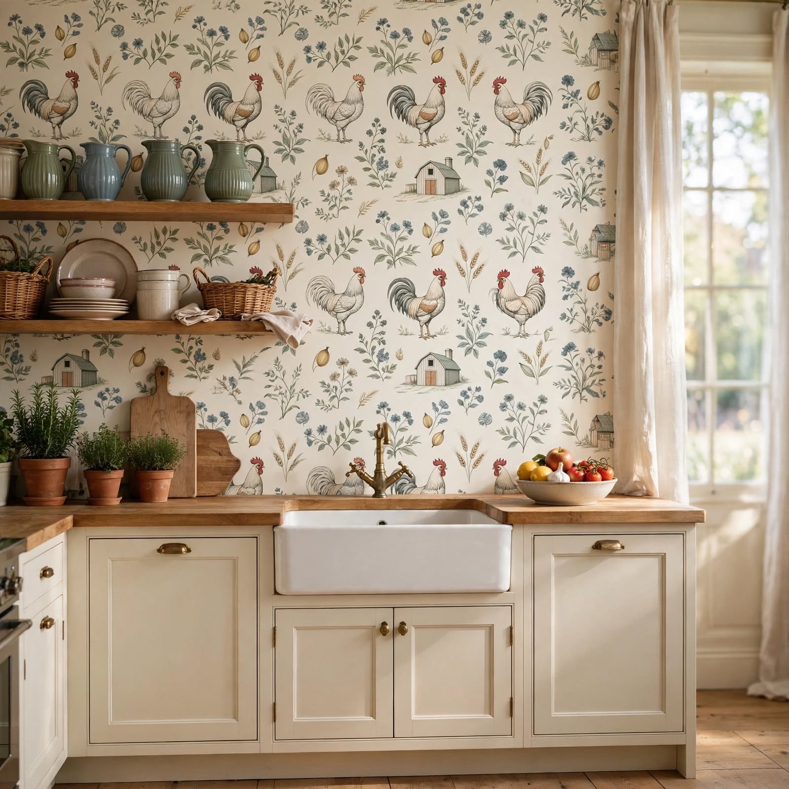 9. Rooster and Farmhouse Print Wallpaper for Kitchen Wallpaper Ideas