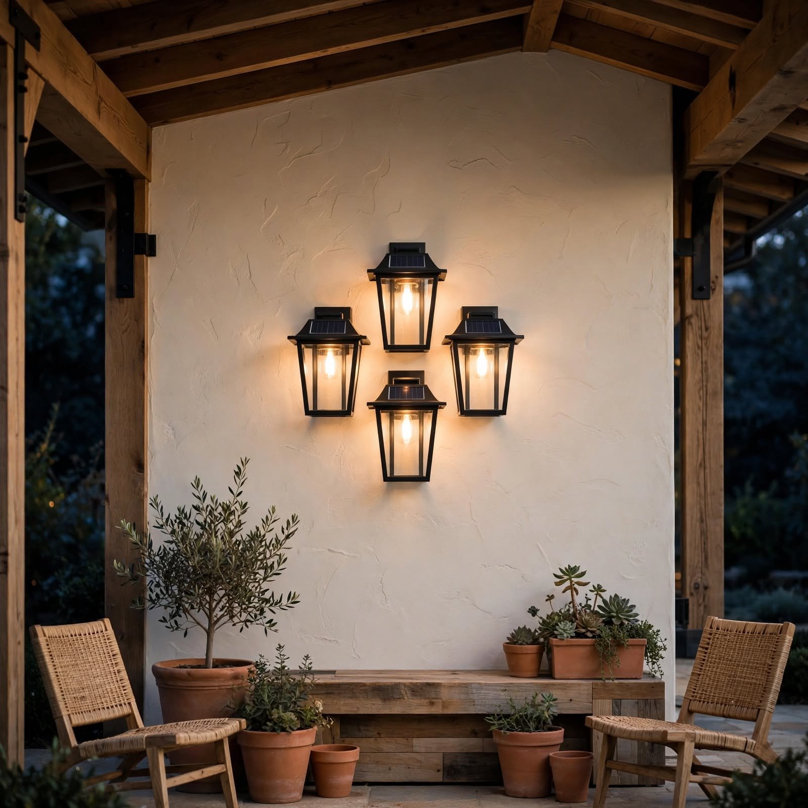 4. Solar-Powered Wall Lantern Cluster for Outdoor Wall Decor