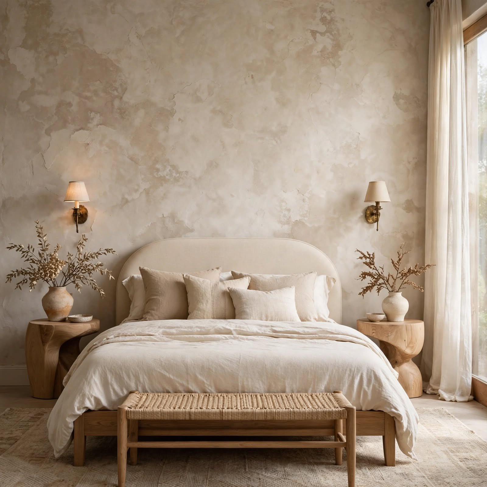 17. Textured Plaster-Look Wallpaper Accent for Wallpaper Ideas for Bedroom