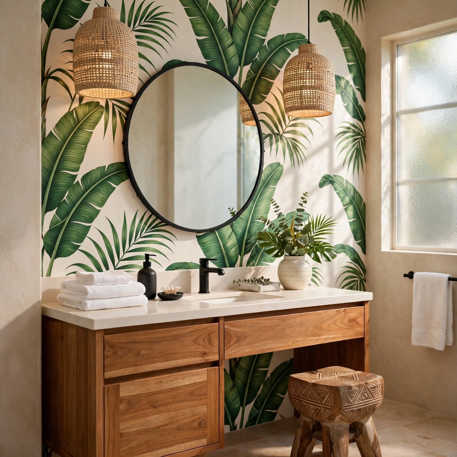 6. Tropical Leaf Print Bathroom Wallpaper for Wallpaper Bathroom