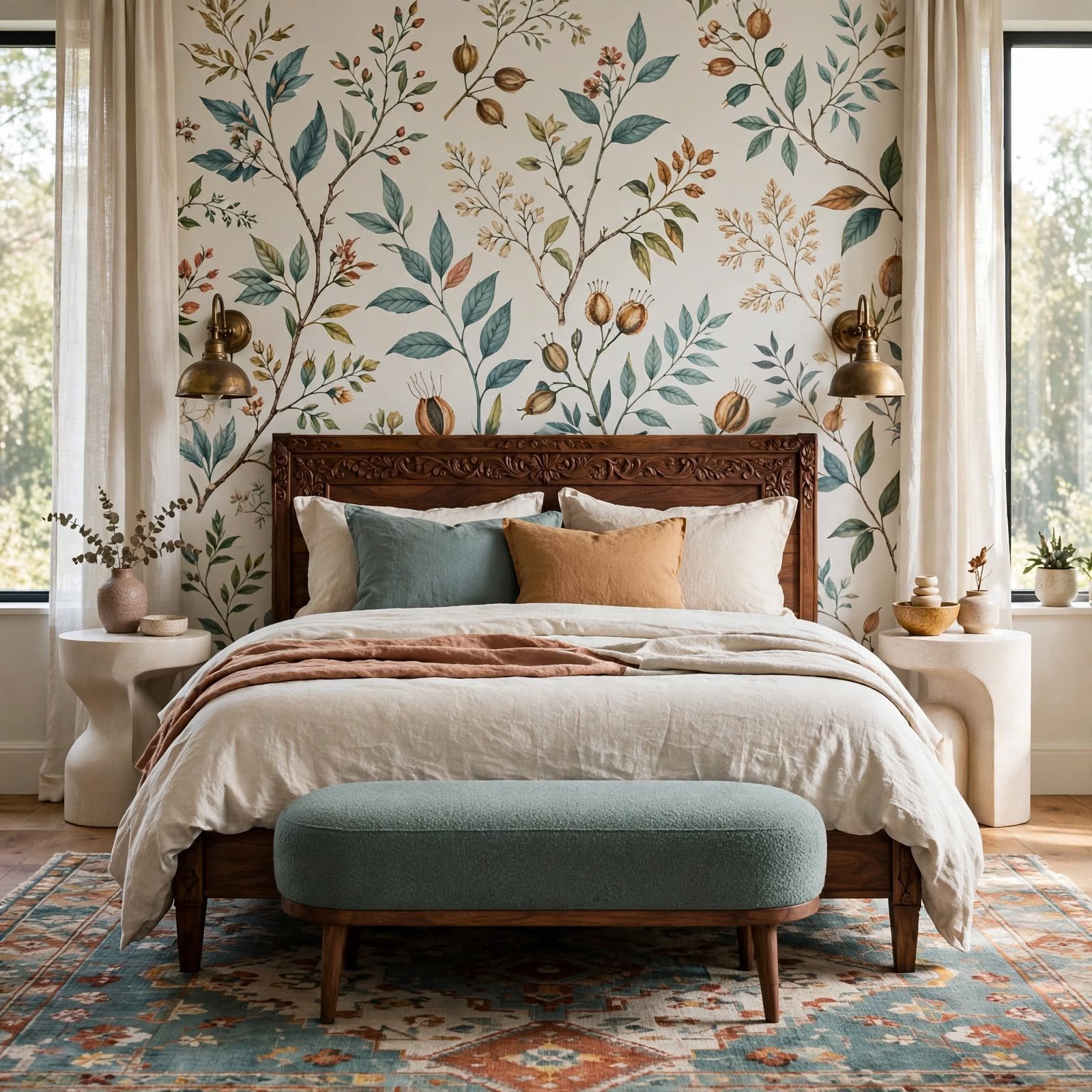 14. Wallpaper Coordinated with Layered Rug Palette for Bedroom Decor Wallpaper Ideas