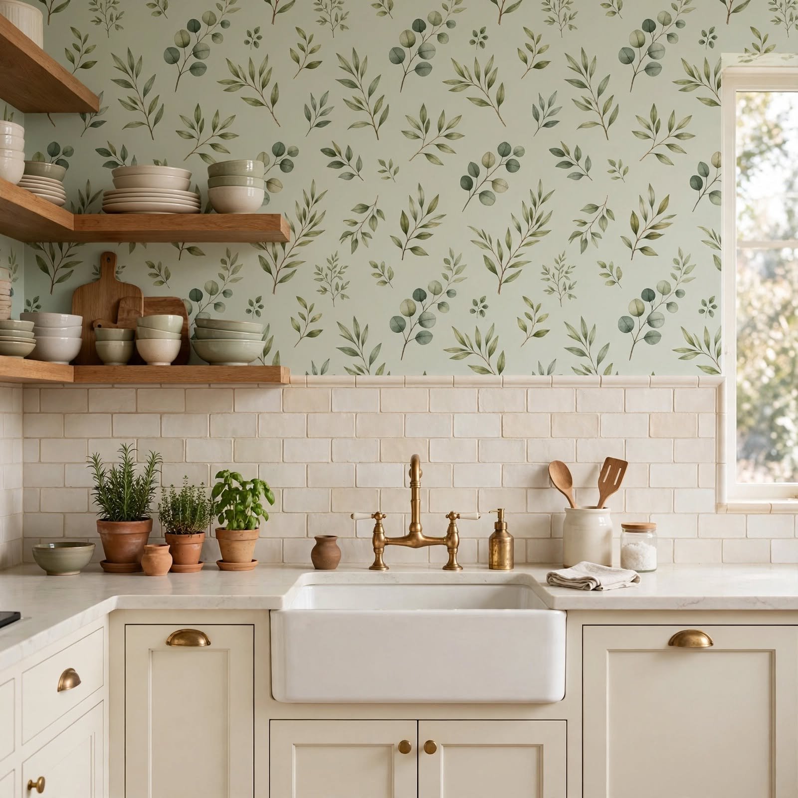 12. Wallpaper Coordinated with Tile Backsplash for Kitchen Wallpaper Ideas