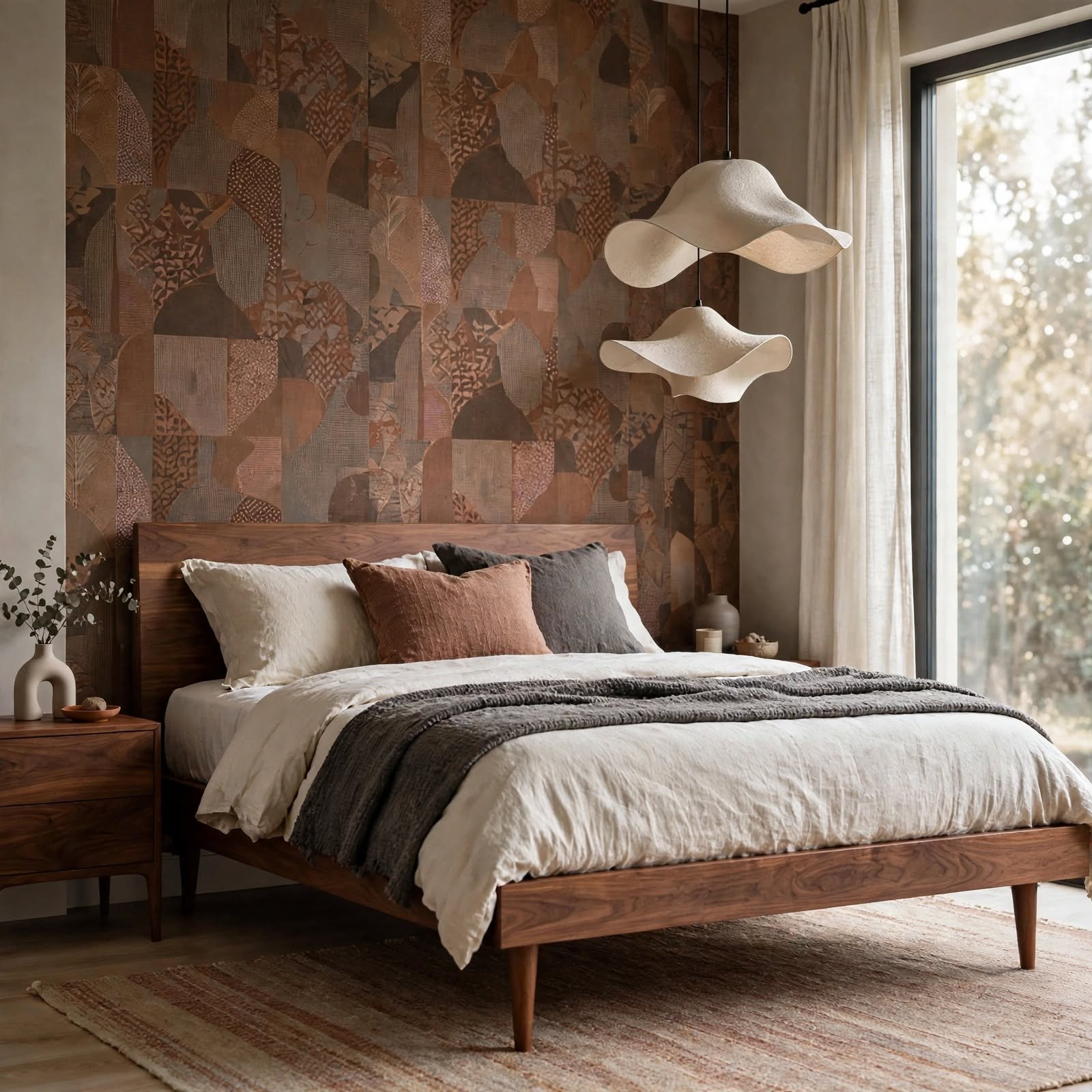 8. Wallpaper Coordinated with Wood Furniture Tone for Bedroom Decor Wallpaper