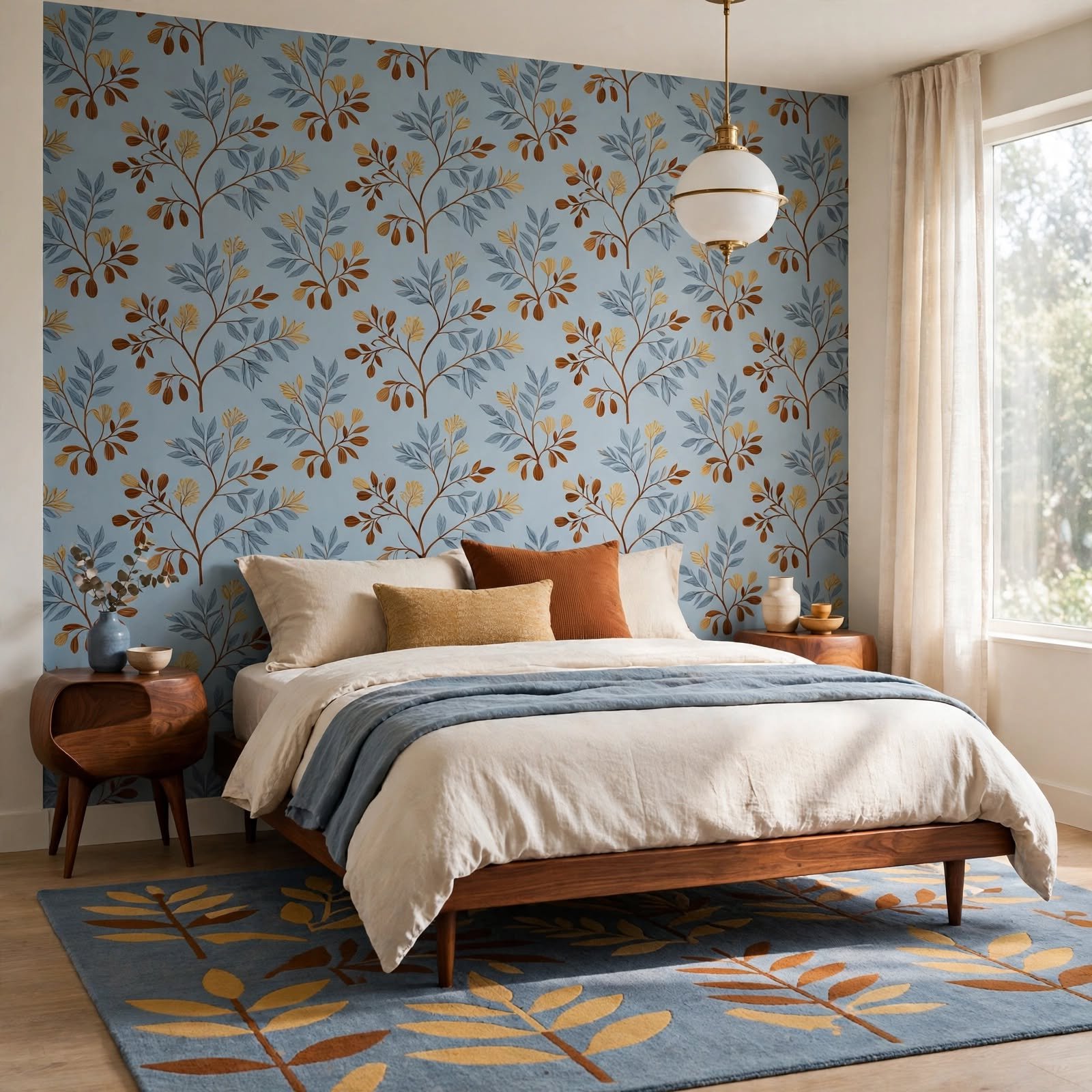 2. Wallpaper Matched to Area Rug Pattern for Bedroom Decor Wallpaper