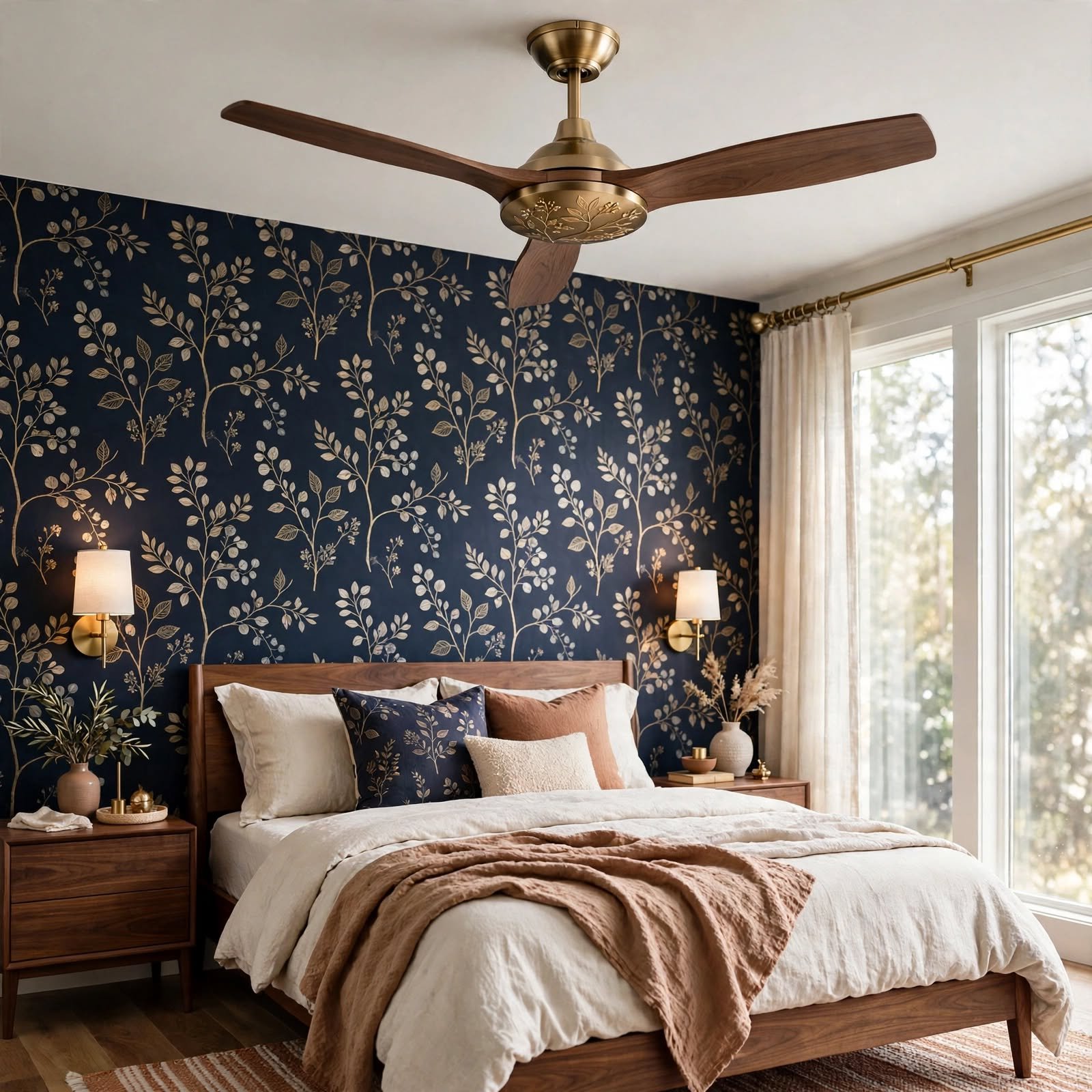 12. Wallpaper Paired with Ceiling Fan Finish for Bedroom Decor Wallpaper Ideas