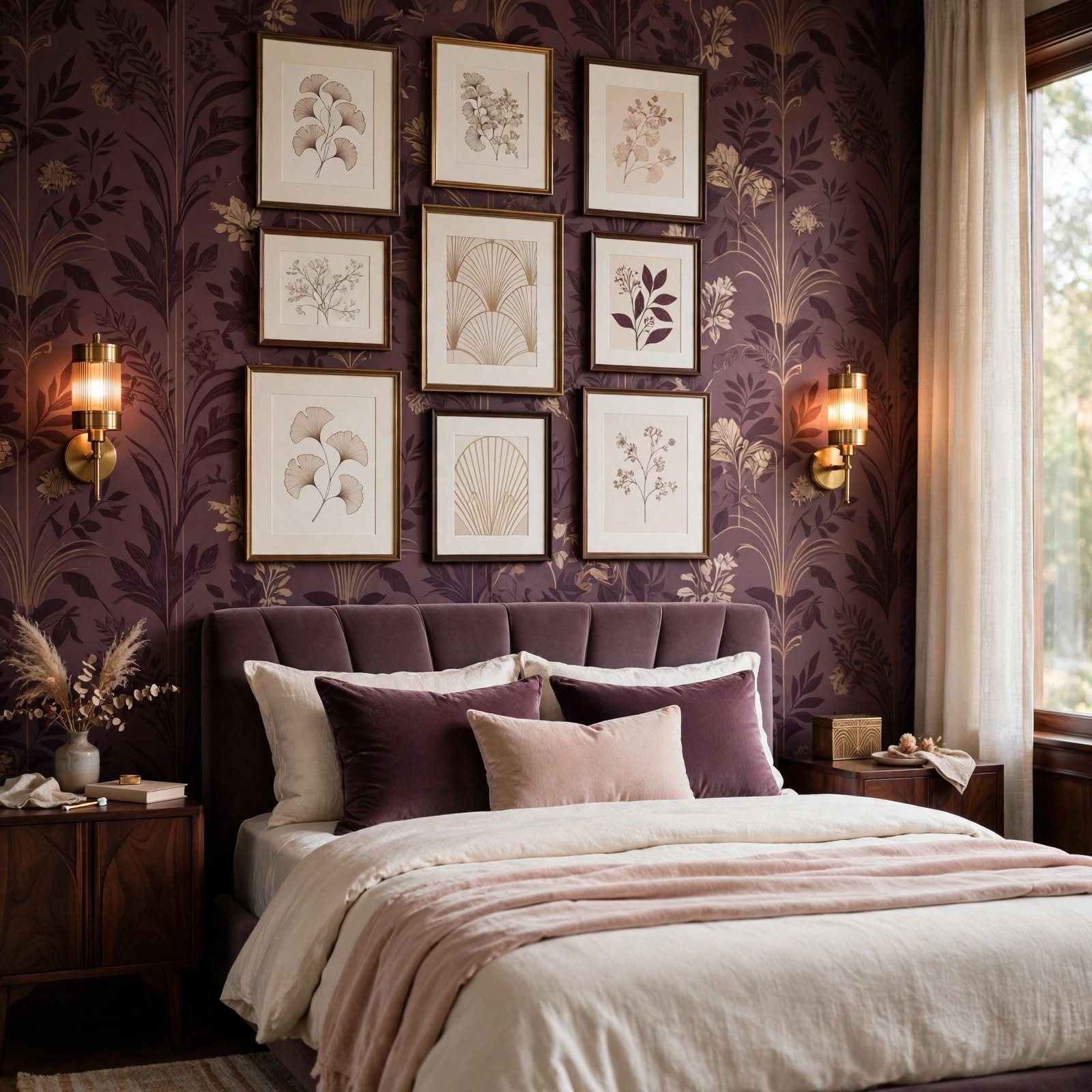 3. Wallpaper Paired with Gallery Wall Frame Finish for Bedroom Decor Wallpaper
