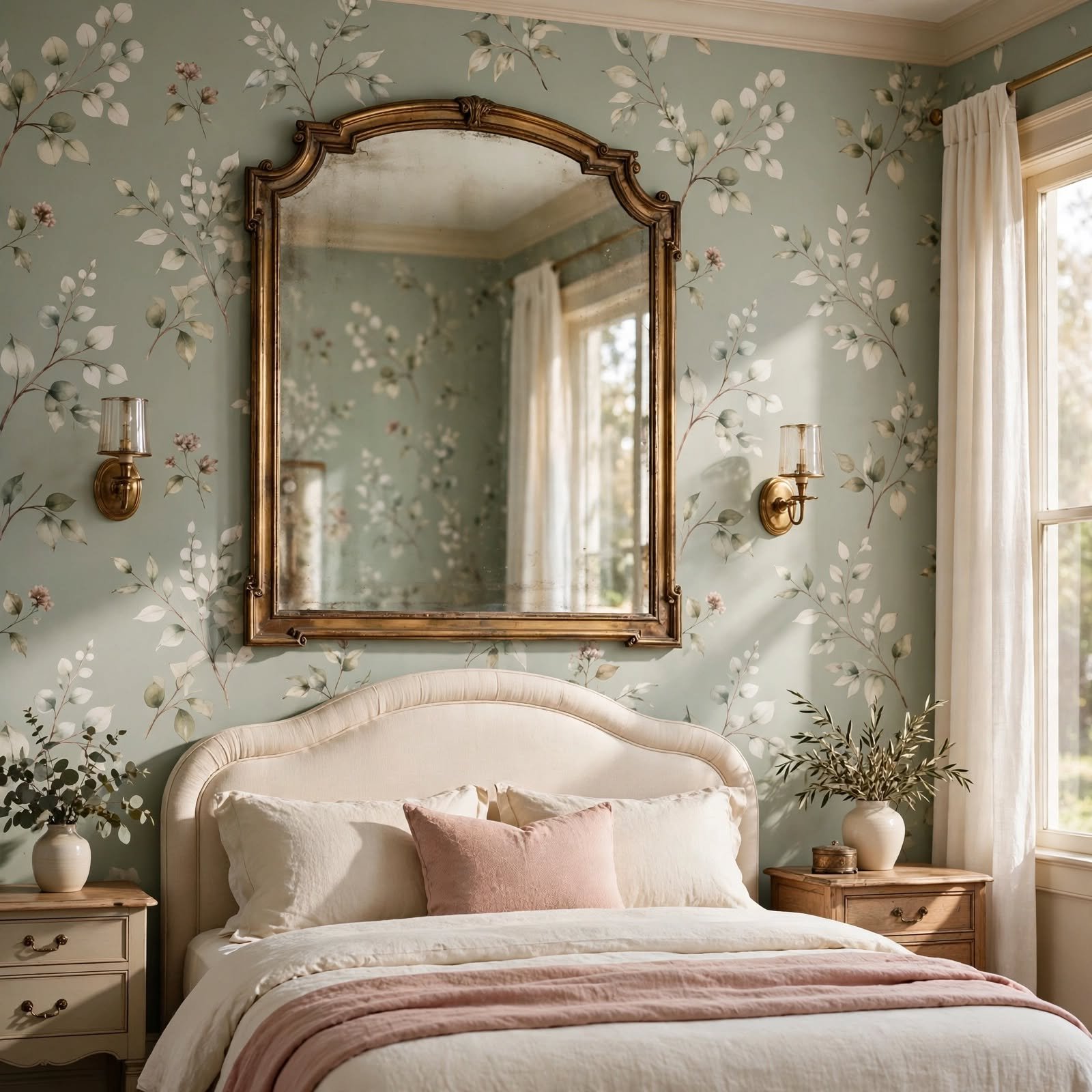 9. Wallpaper Paired with Mirror Frame Finish for Bedroom Decor Wallpaper