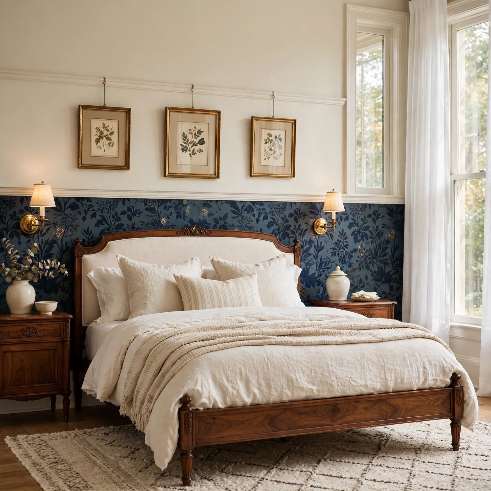 6. Wallpaper Paired with Picture Rail Molding for Bedroom Wallpaper Ideas