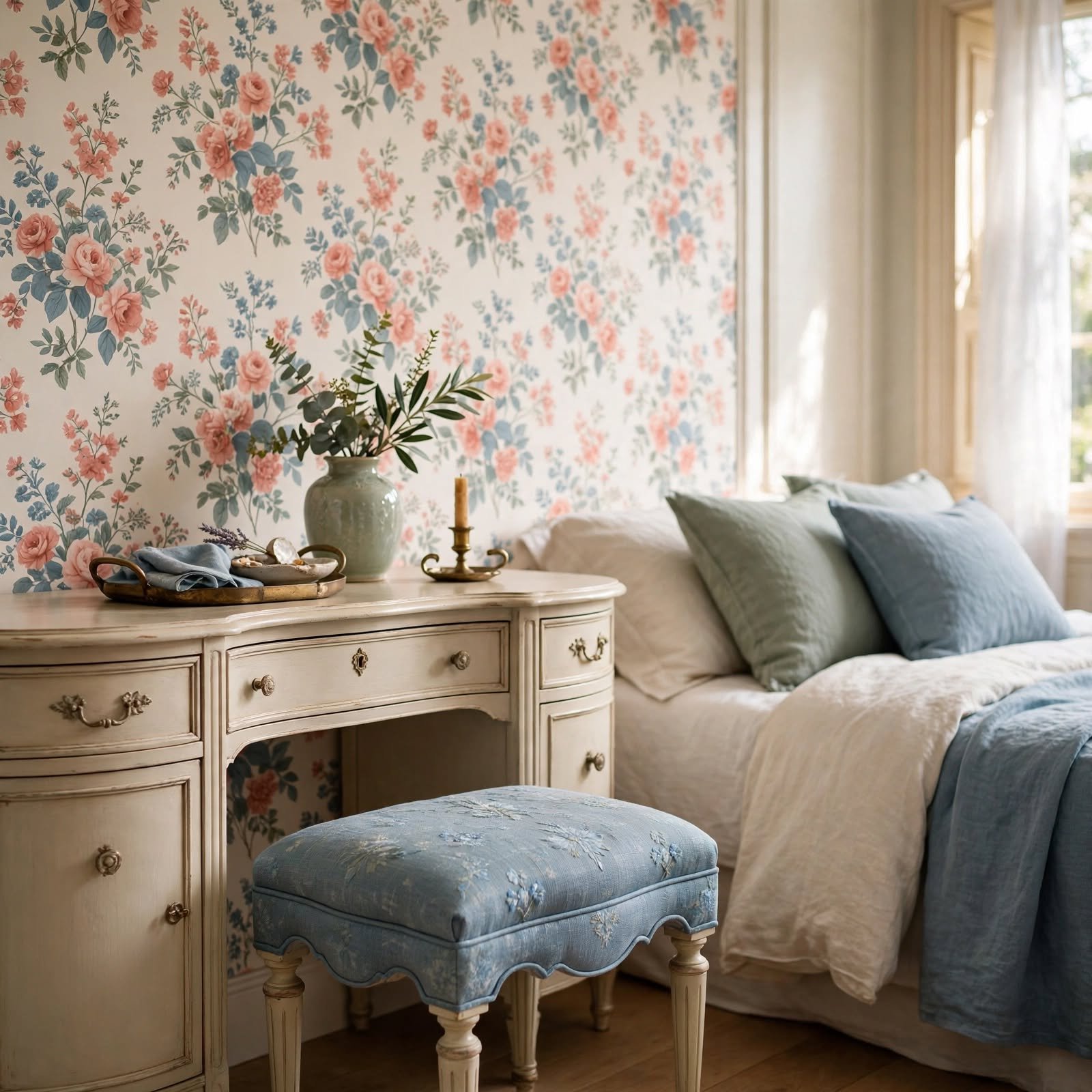 15. Wallpaper Paired with Vanity Stool Fabric for Bedroom Decor Wallpaper Ideas