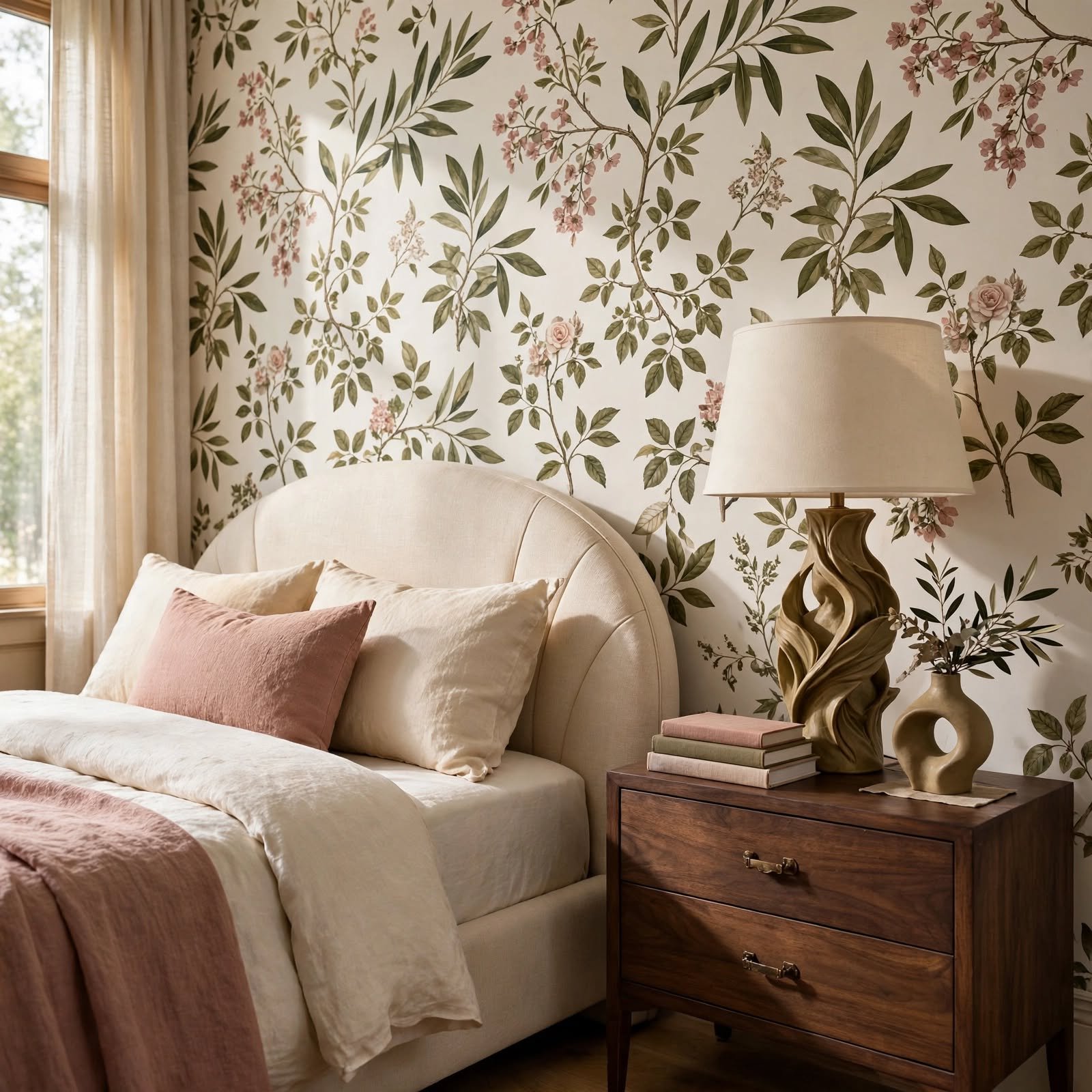5. Wallpaper and Nightstand Lamp Base Pairing for Bedroom Decor Wallpaper