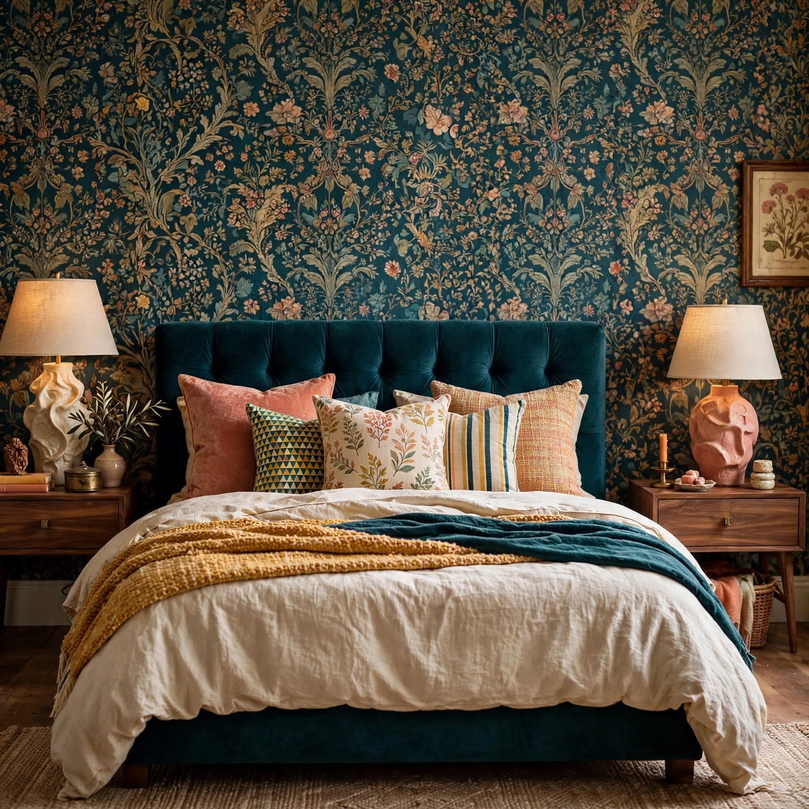 7. Wallpaper and Throw Pillow Pattern Mixing for Bedroom Decor Wallpaper