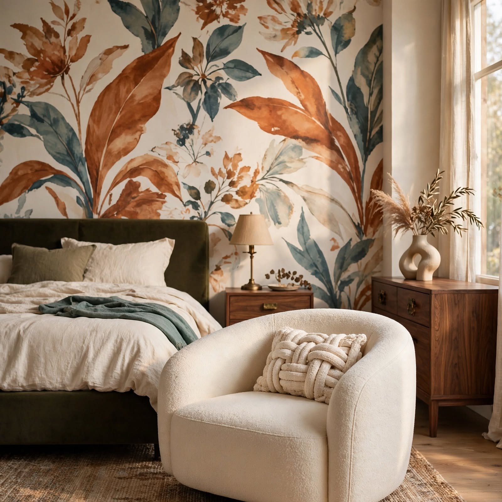 8. Wallpapered Behind Bench at Foot of Bed for Bedroom Wallpaper Ideas