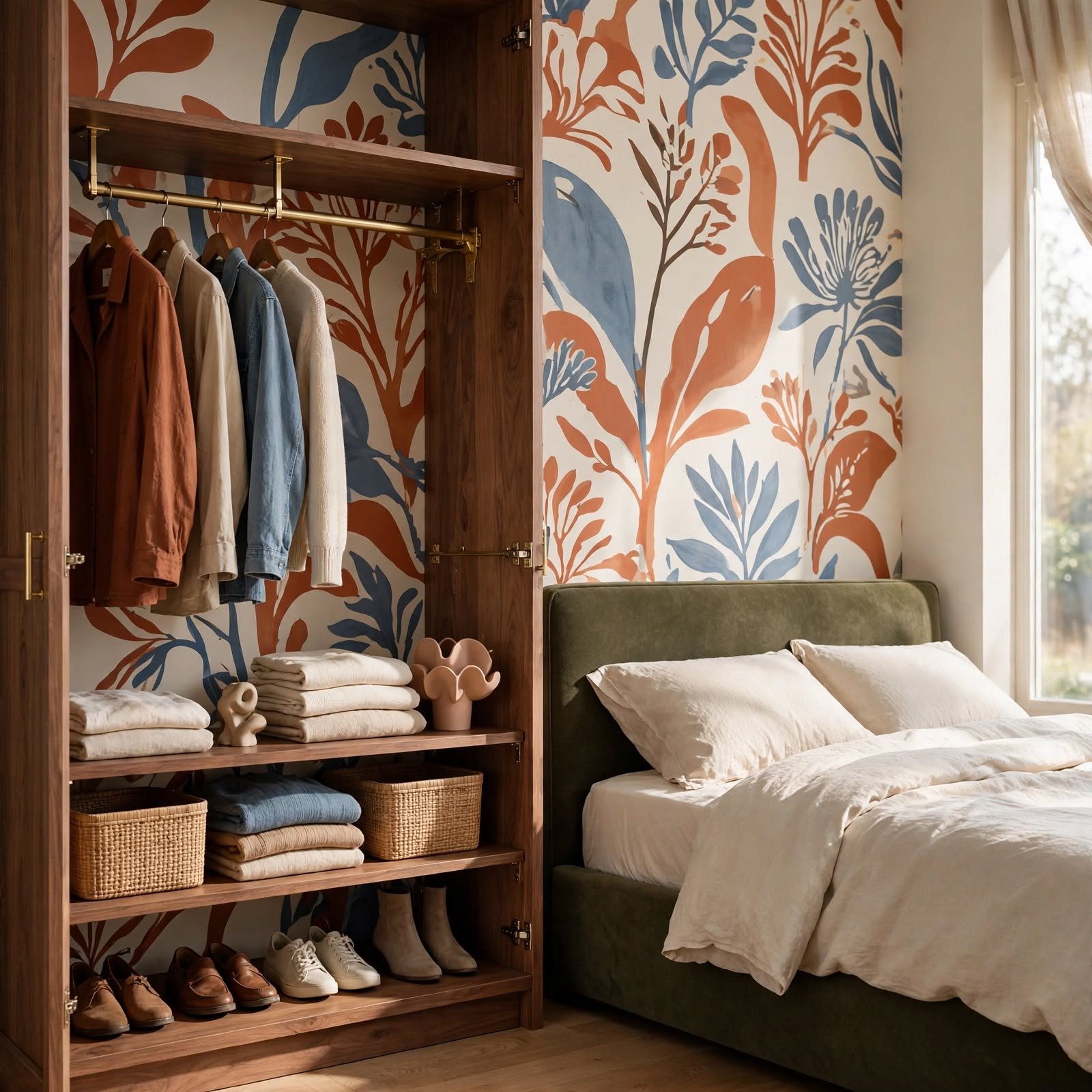 14. Wallpapered Behind Open Wardrobe for Bedroom Wallpaper Ideas