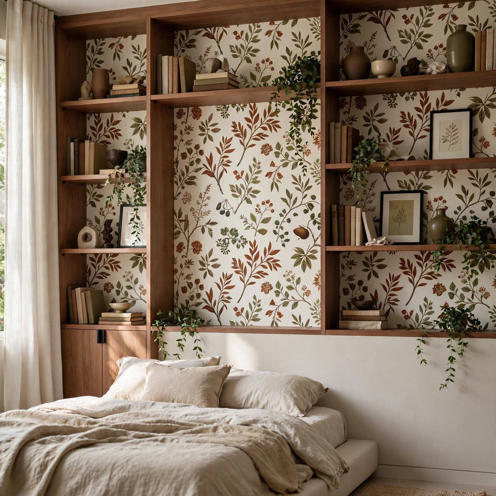 12. Wallpapered Built-In Shelving Backing for Wallpaper Bedroom