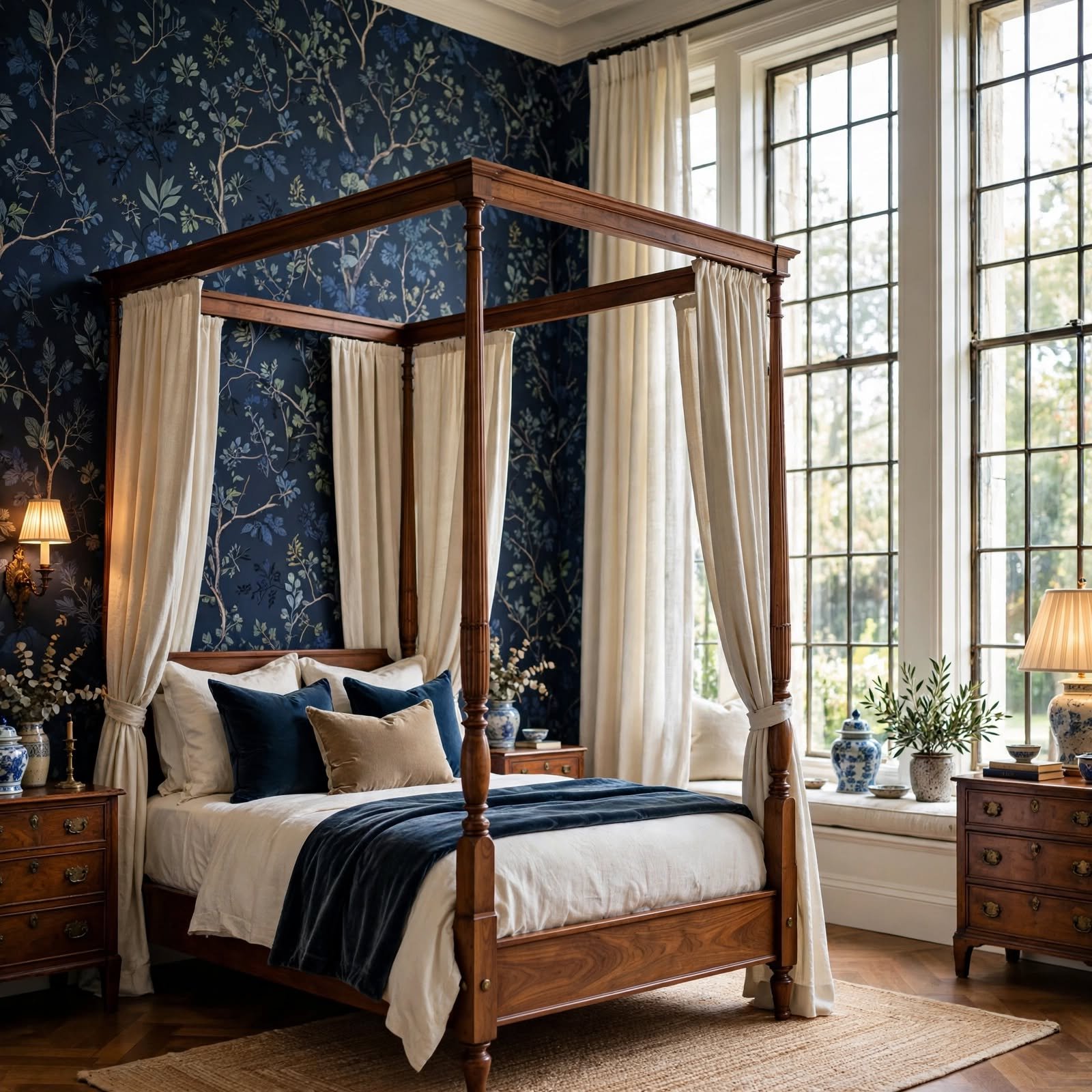 2. Wallpapered Canopy Bed Interior for Bedroom Wallpaper Ideas
