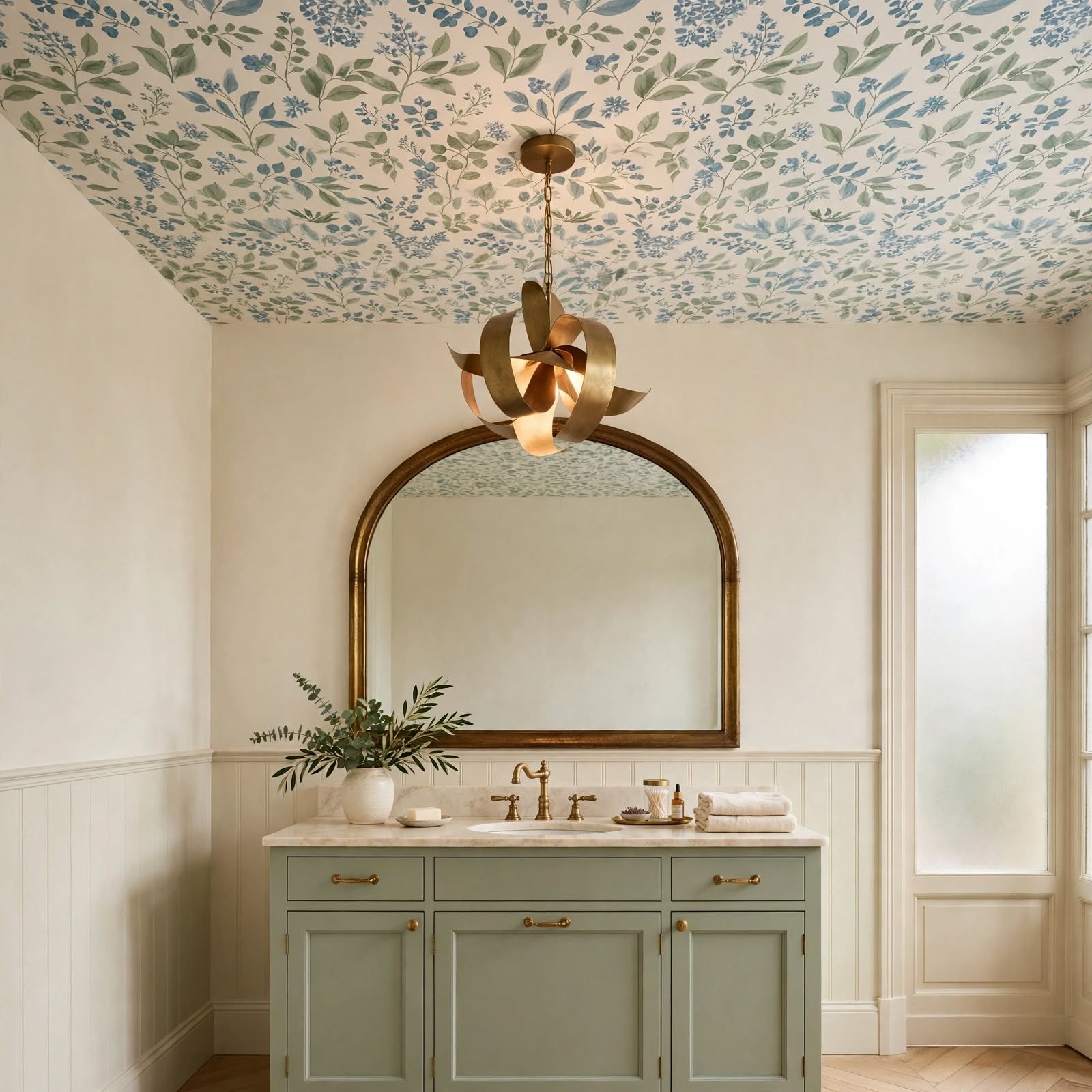 3. Wallpapered Ceiling Above Vanity for Wallpaper Bathroom