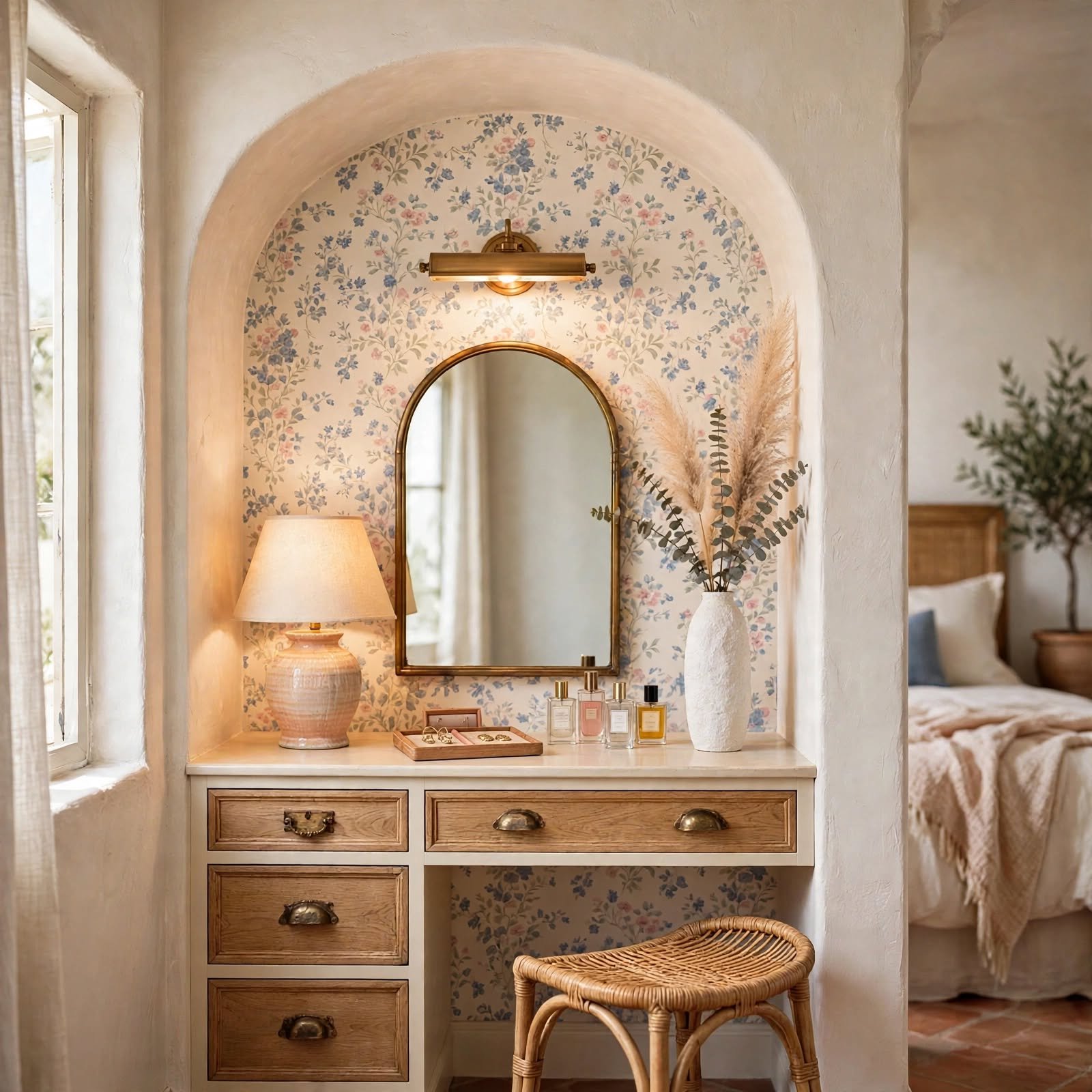 8. Wallpapered Dressing Table Alcove for Wallpaper Bedroom