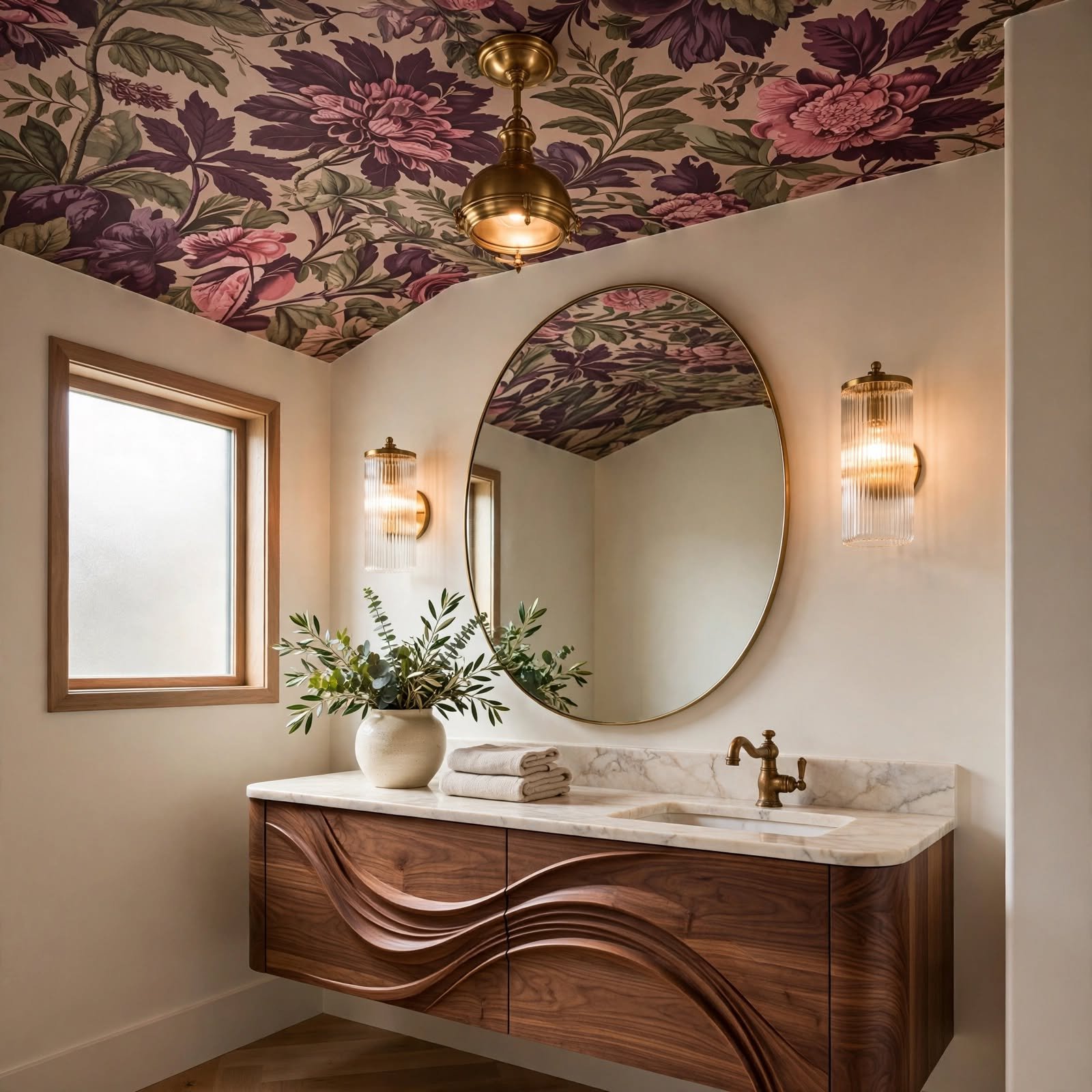 13. Wallpapered Half-Bath Statement Ceiling for Wallpaper Bathroom