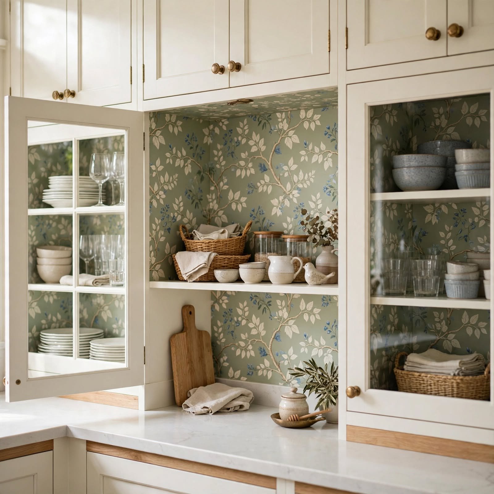 11. Wallpapered Kitchen Cabinet Interior for Kitchen Wallpaper Ideas