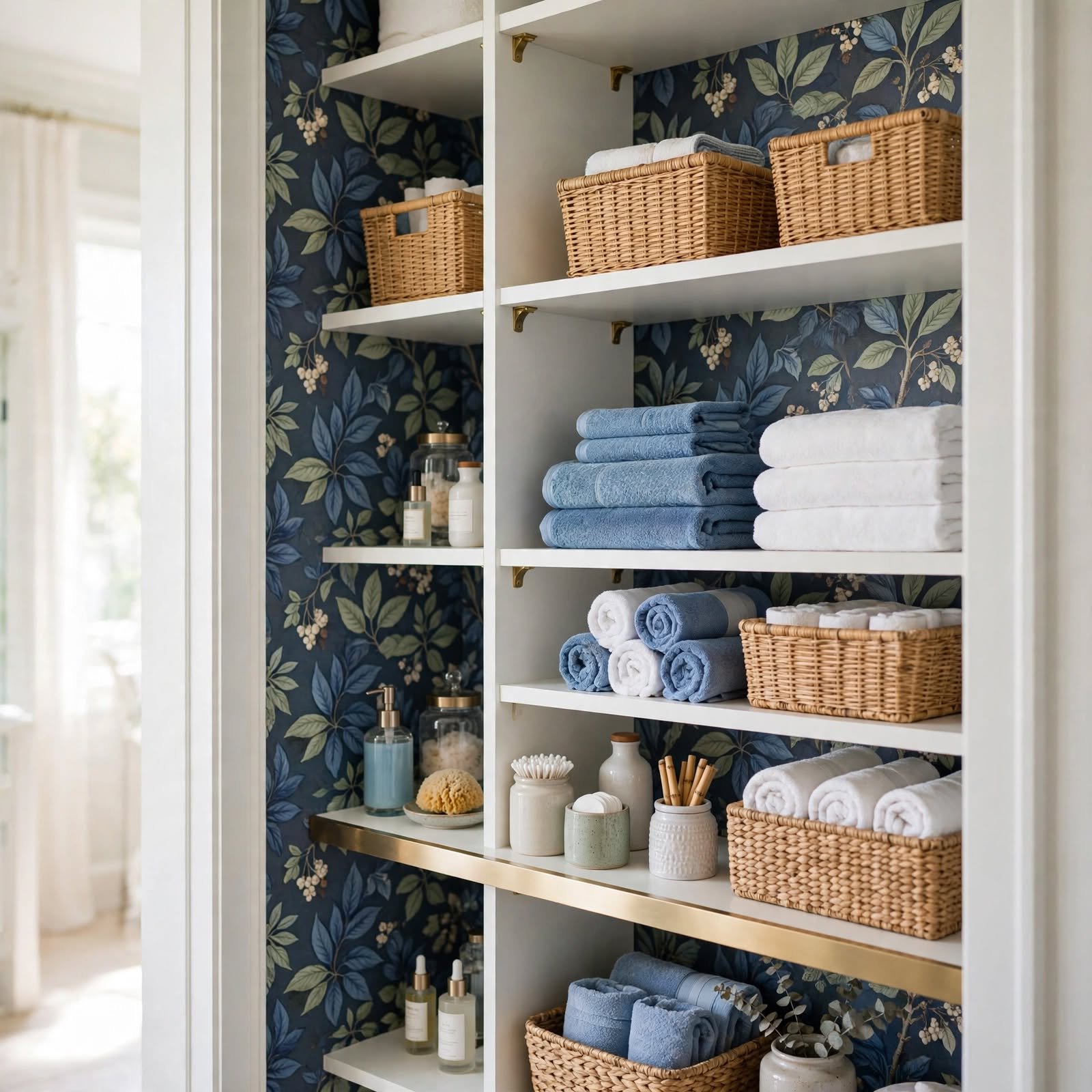 11. Wallpapered Linen Closet Interior for Wallpaper Bathroom