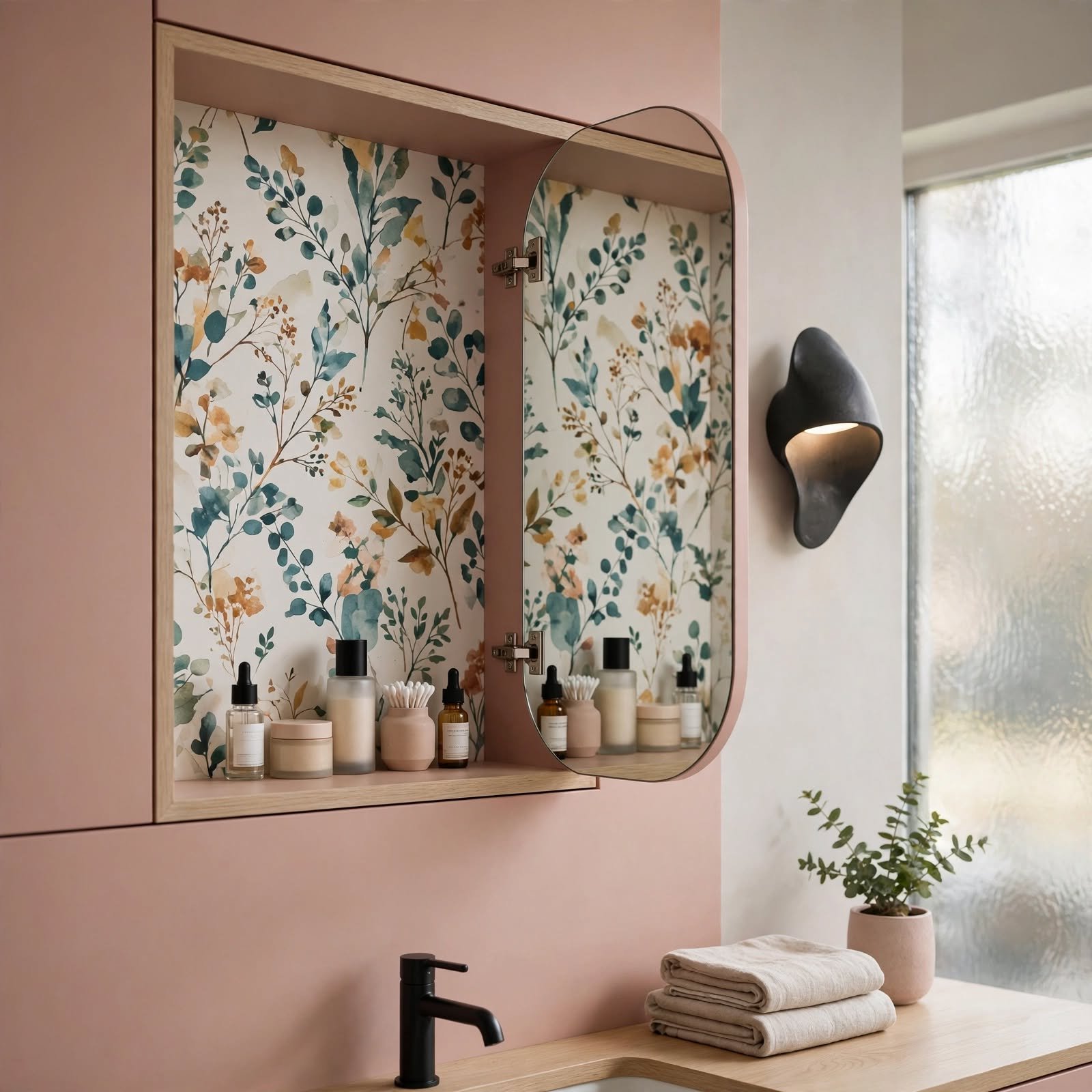 7. Wallpapered Medicine Cabinet Backing for Wallpaper Bathroom