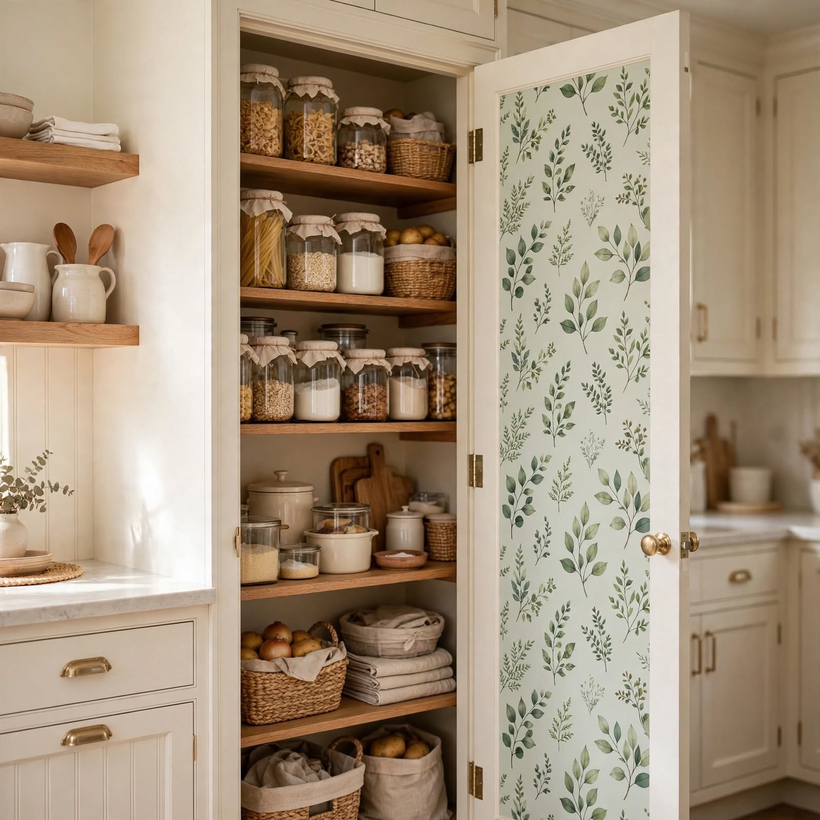 2. Wallpapered Pantry Door Interior for Kitchen Wallpaper Ideas