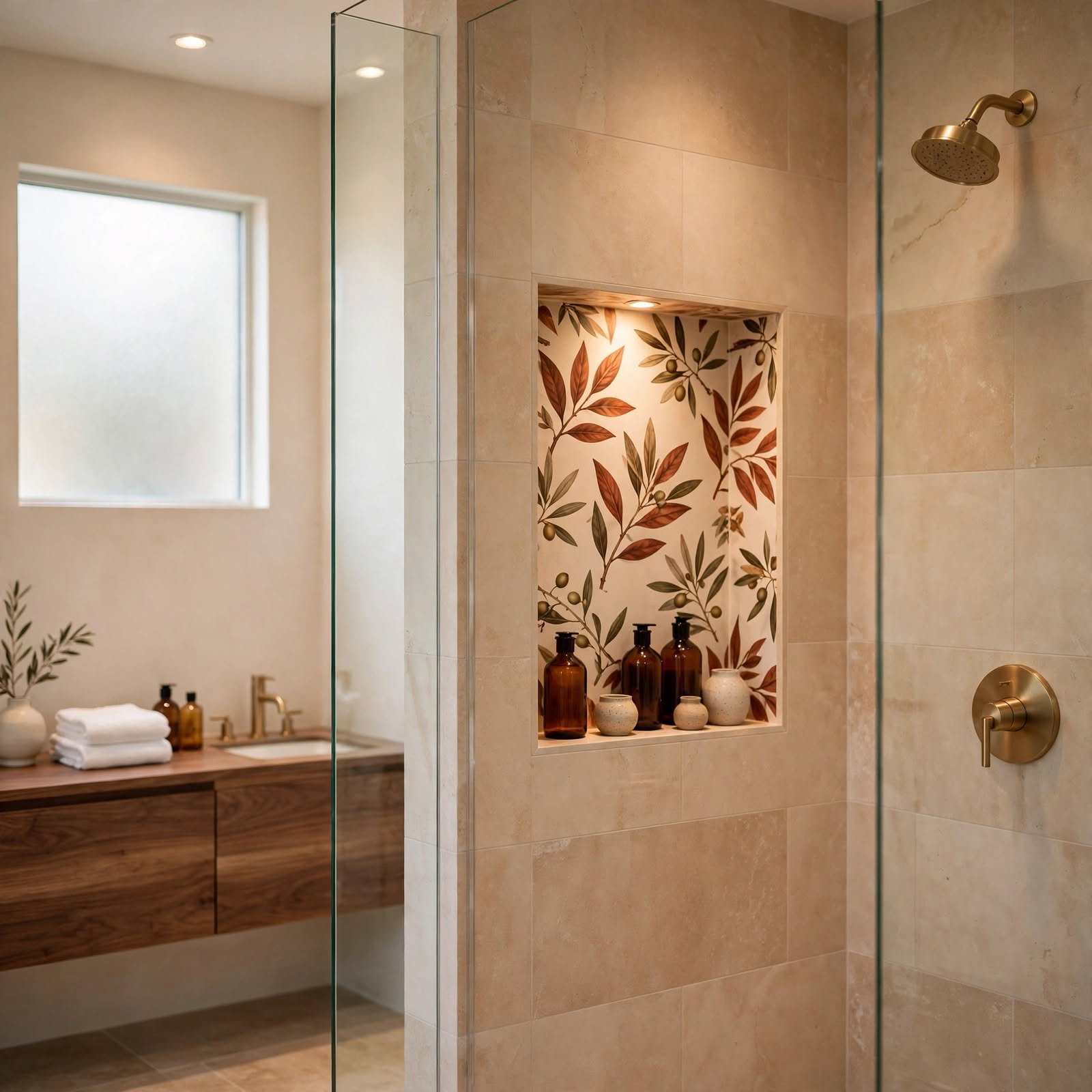 9. Wallpapered Shower Niche Surprise for Wallpaper Bathroom