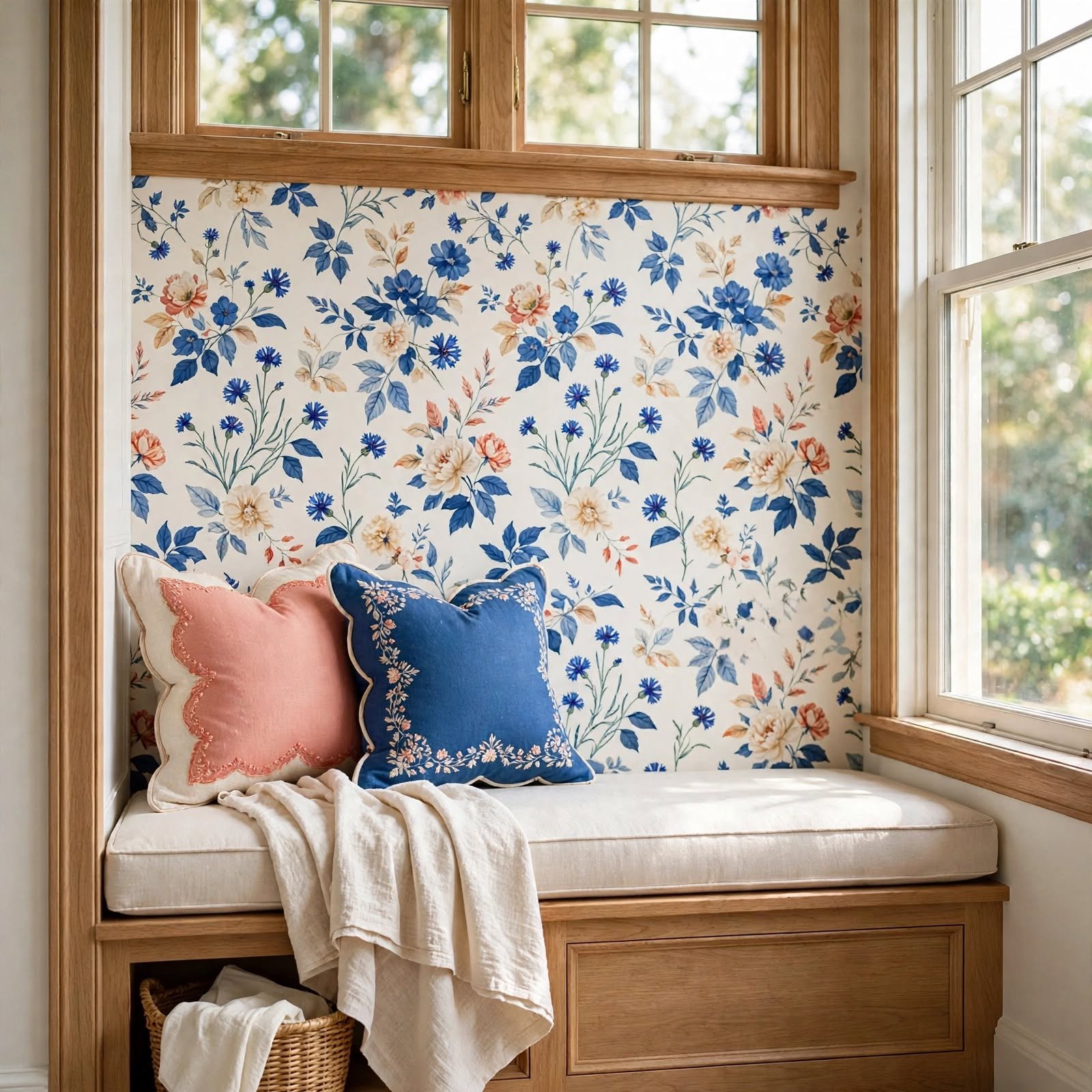 10. Wallpapered Window Seat Backdrop for Wallpaper Bedroom