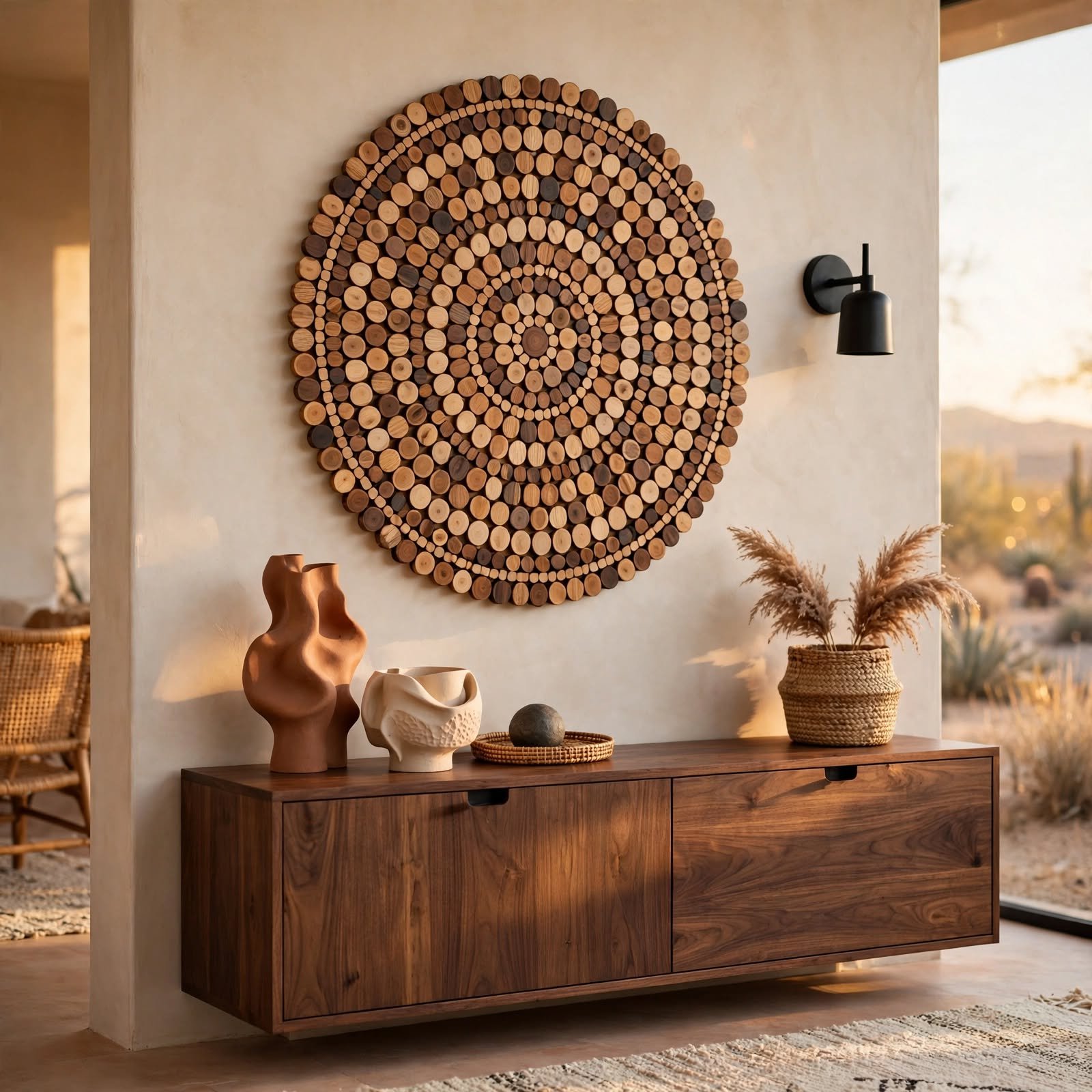 7. Wood Coin Mosaic Panel for Wooden Wall Decor